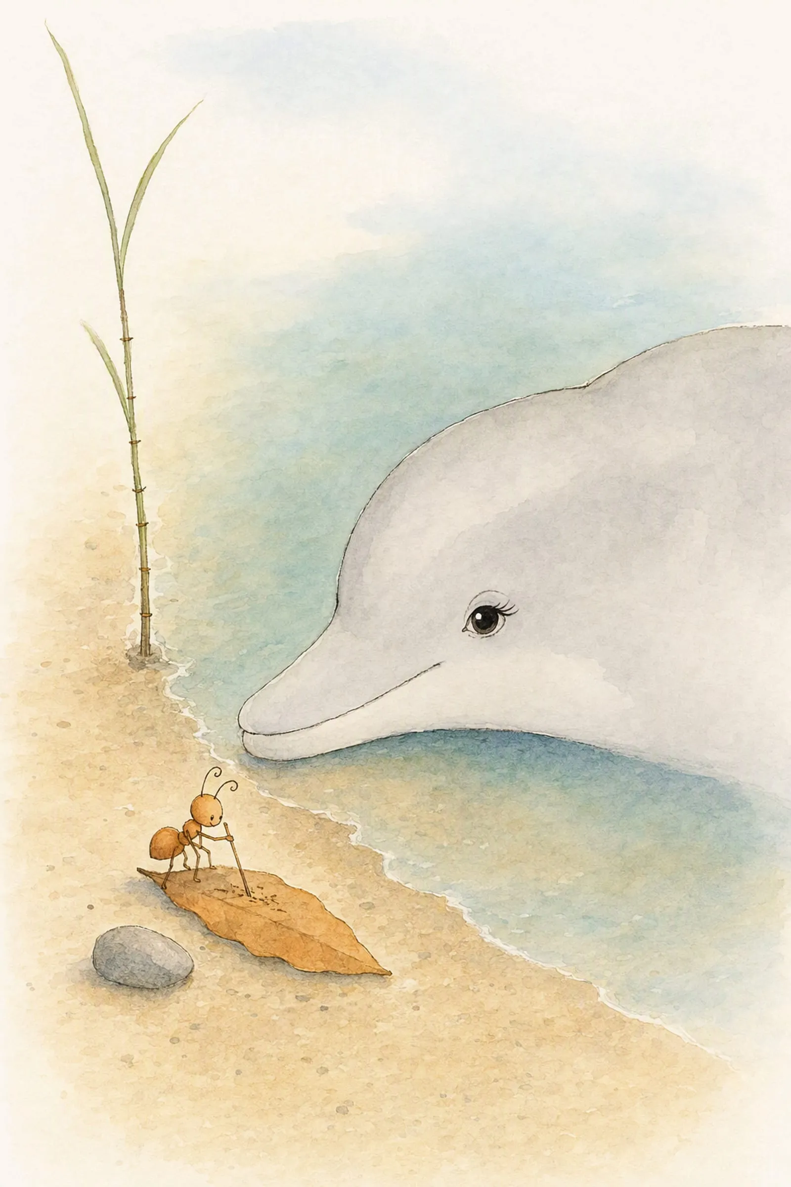 Dawn lies with her chin on the wet sand answering him while Pip crouches over a marked leaf beside her snout, scratching all of it down, happy.