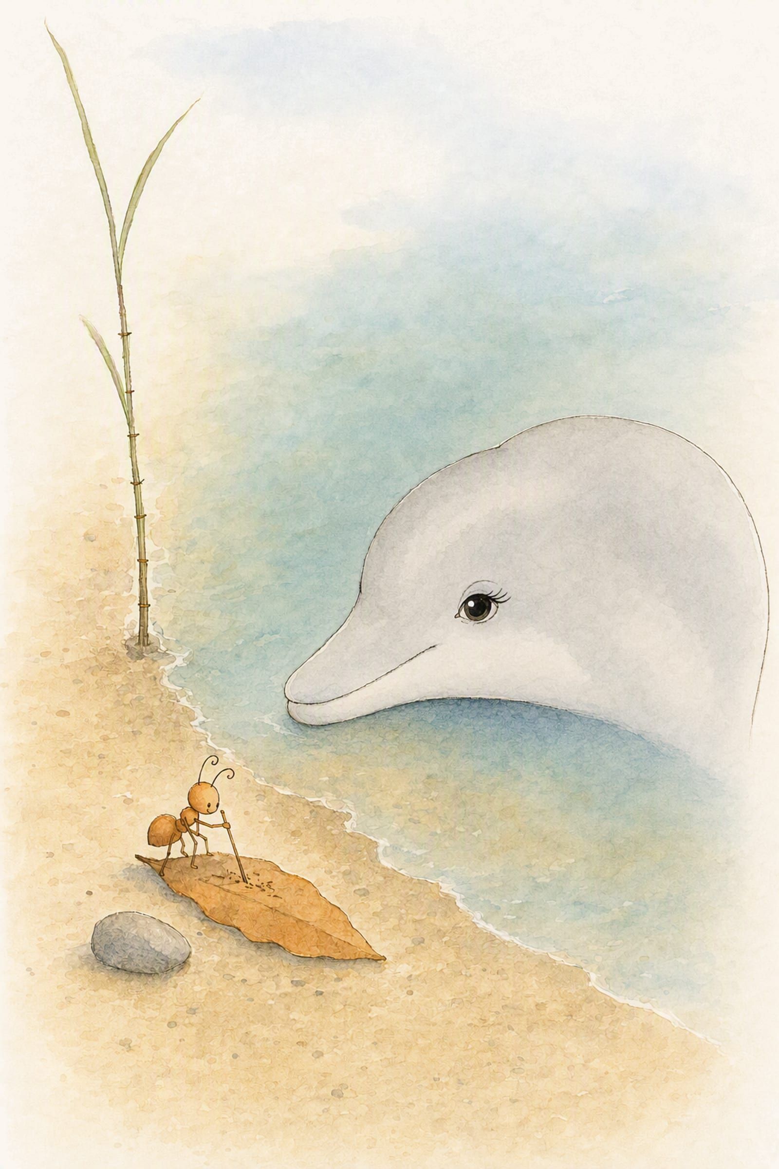 Dawn lies with her chin on the wet sand answering him while Pip crouches over a marked leaf beside her snout, scratching all of it down, happy.