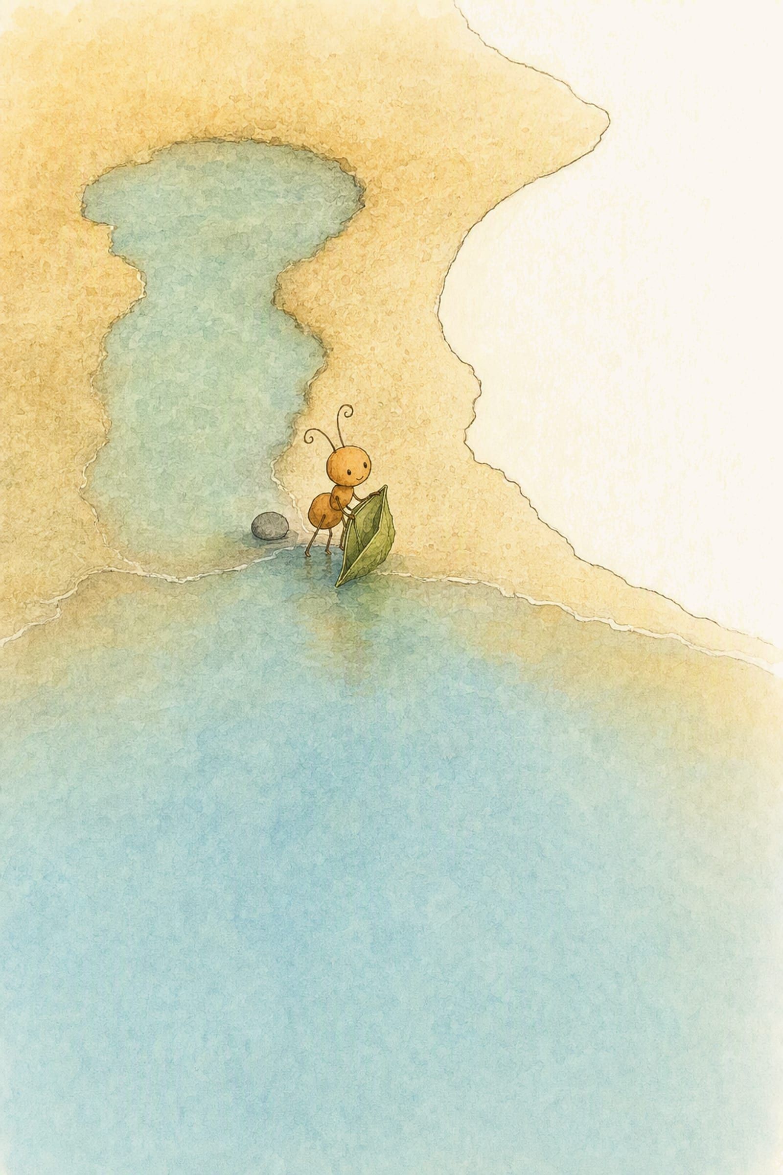 The sea has come up the sand into the hollow and Pip stands at the join with his folded leaf under one arm, holding himself to the edge.