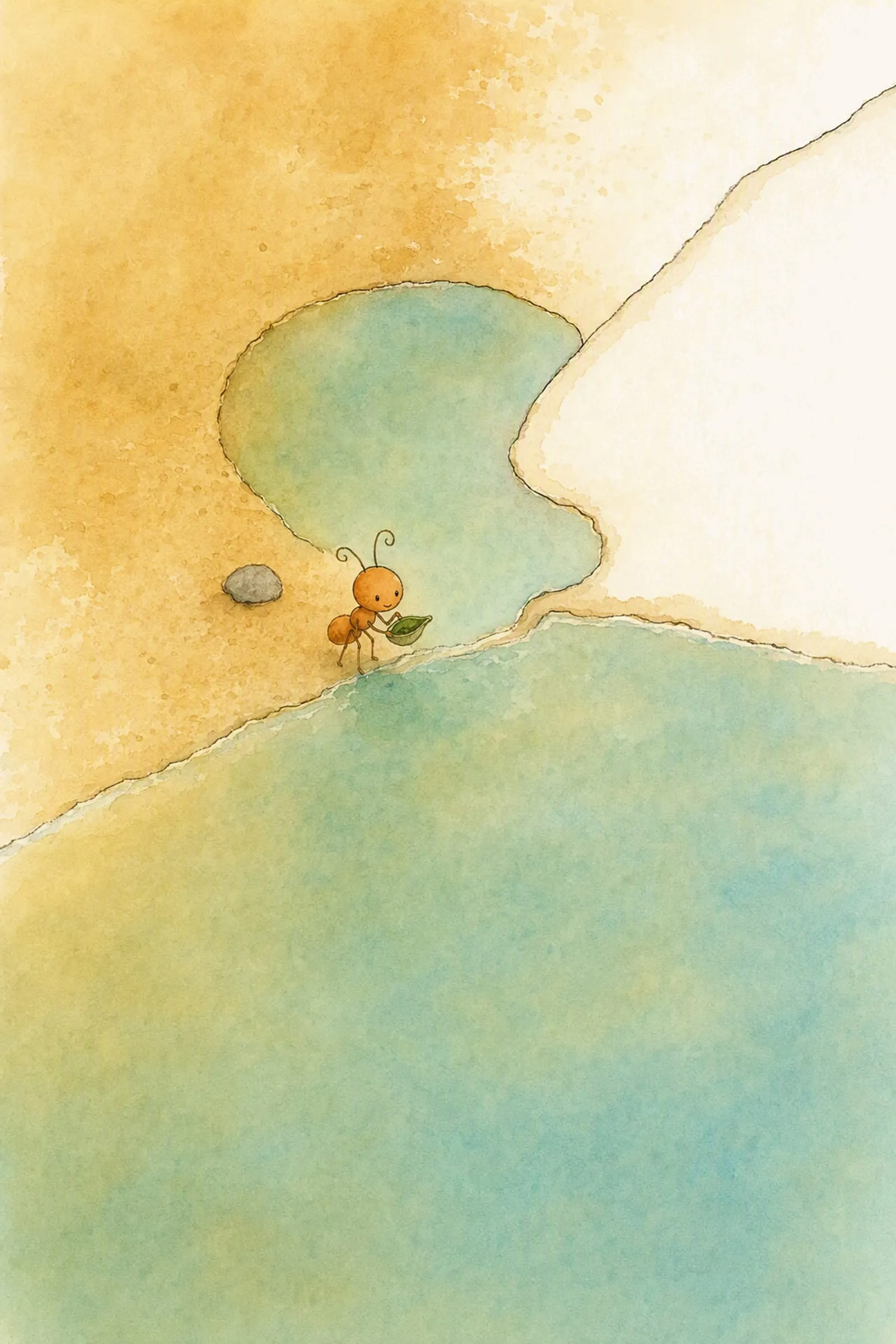 The sea has come up the sand into the hollow and Pip stands at the join with his folded leaf under one arm, holding himself to the edge.