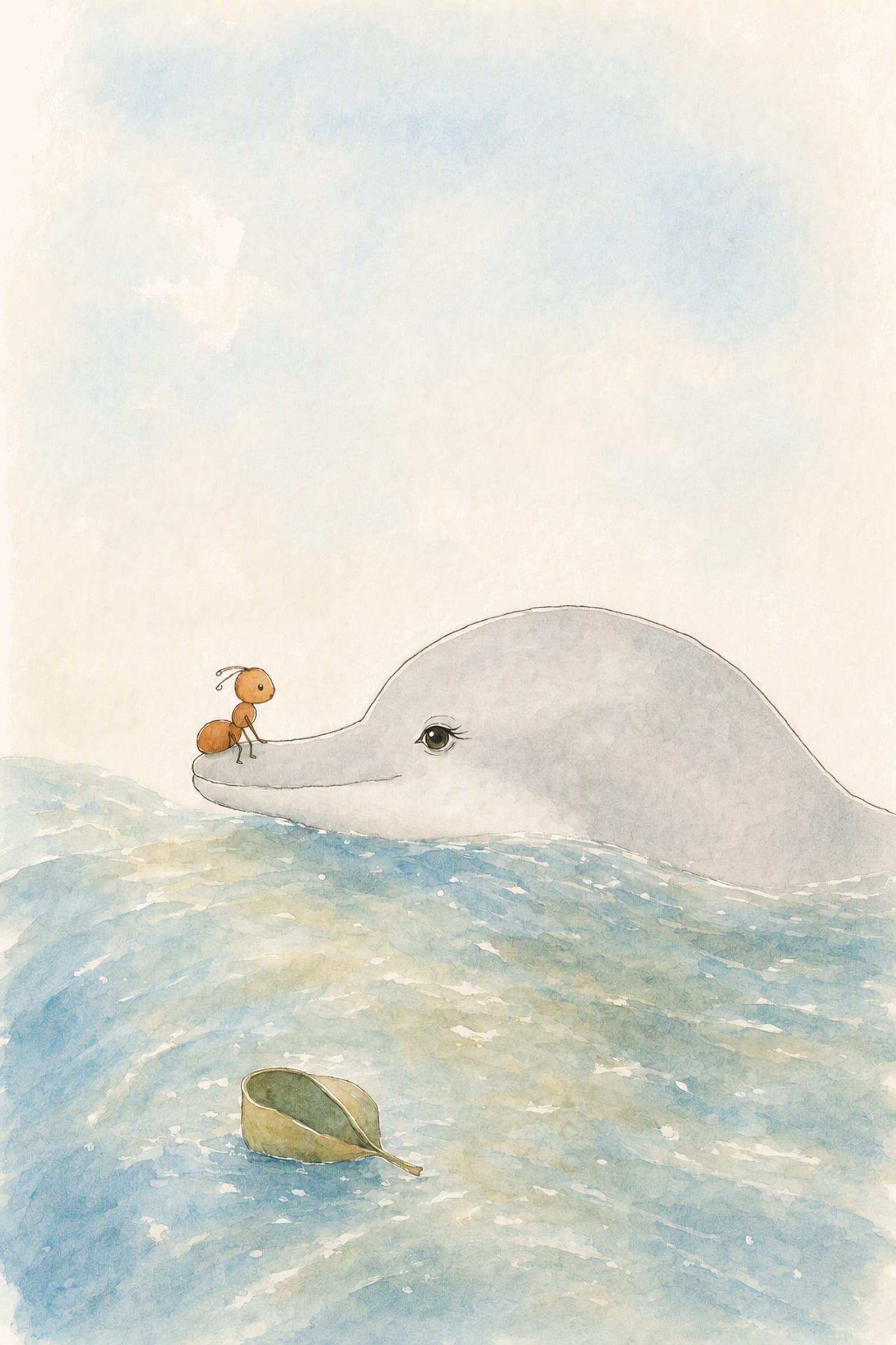 Dawn has risen under Pip and holds him clear of the swell on her snout, soaked and upright, while the folded leaf floats over on its side.