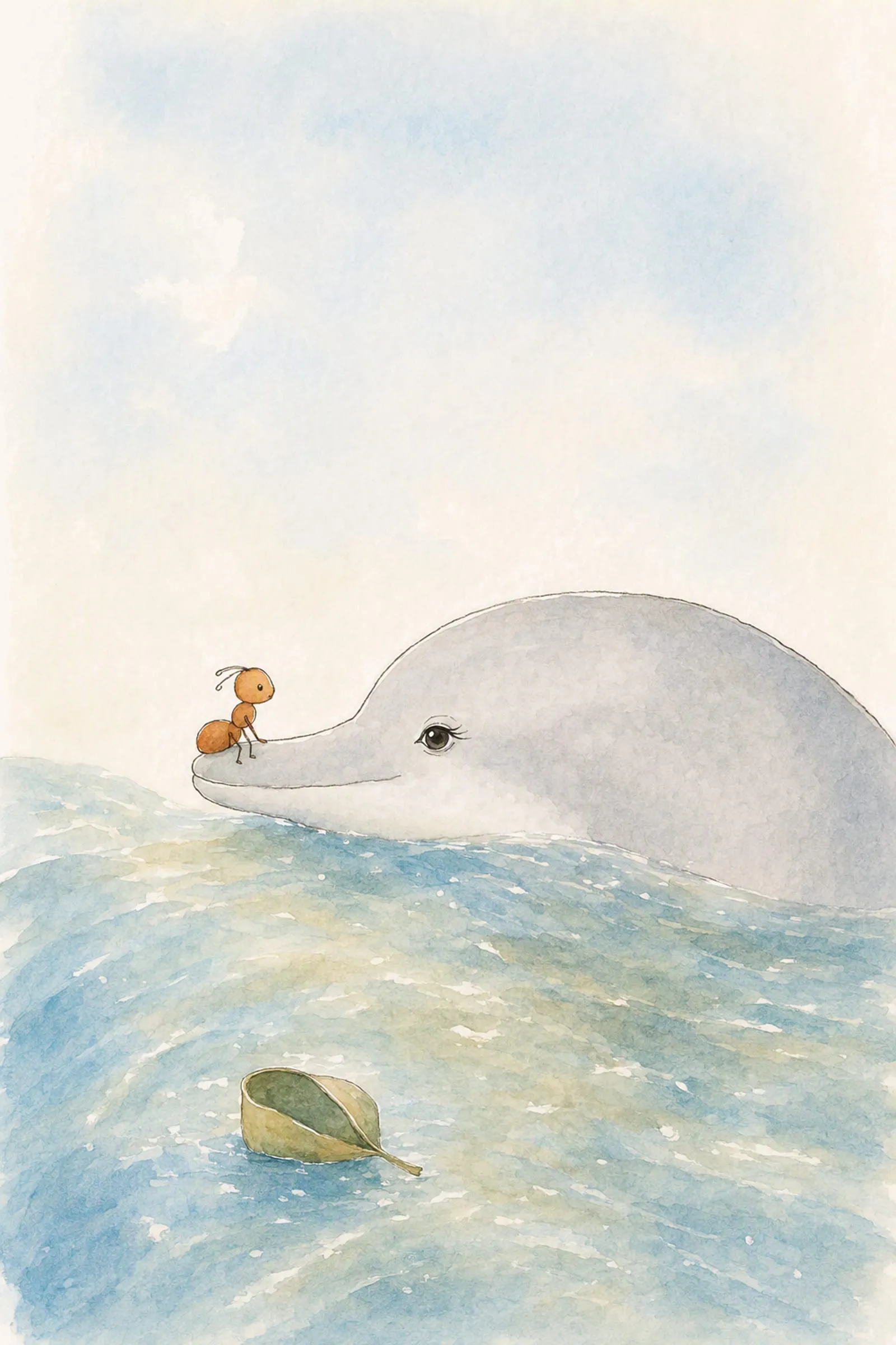 Dawn has risen under Pip and holds him clear of the swell on her snout, soaked and upright, while the folded leaf floats over on its side.