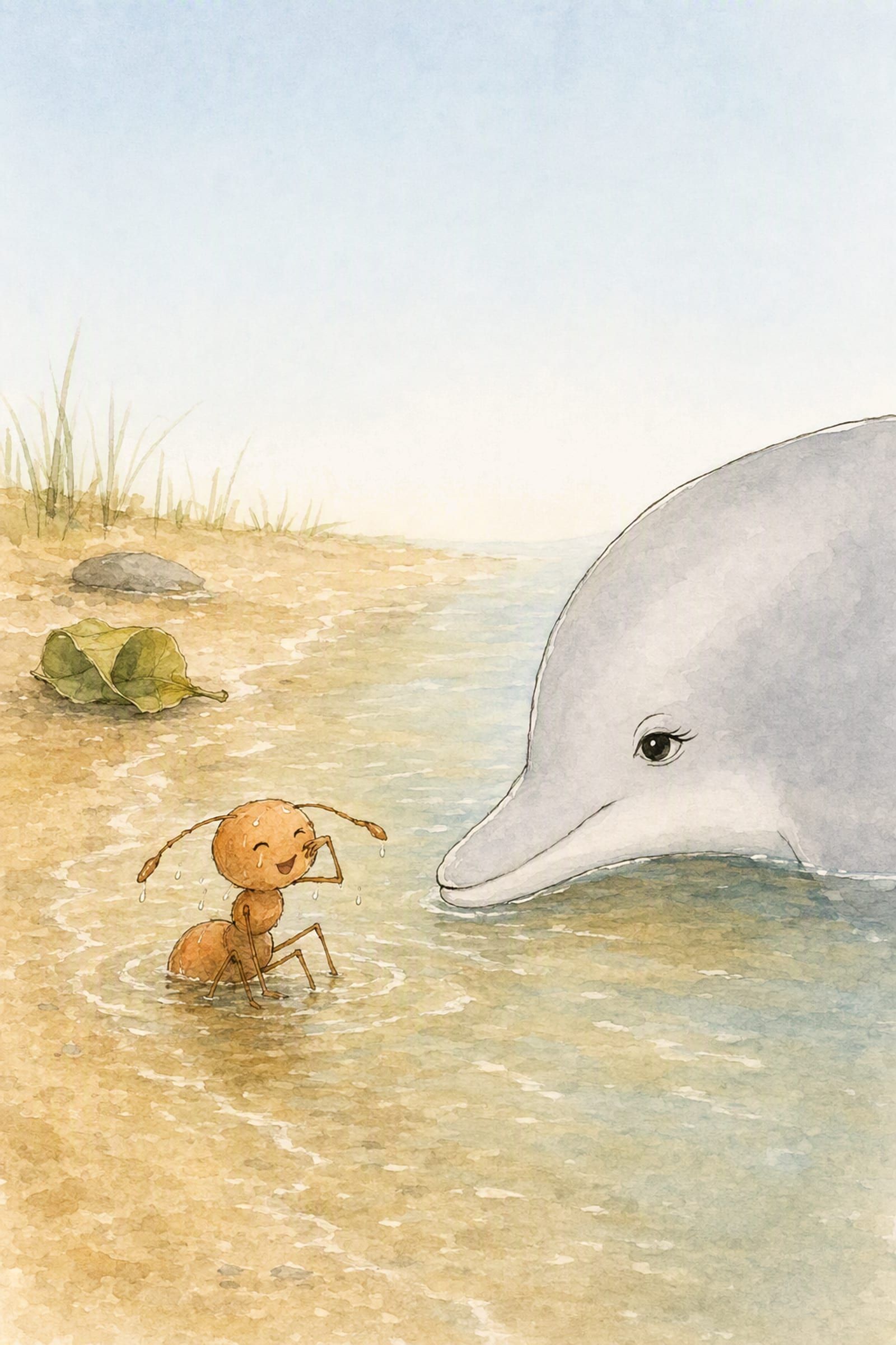 Pip sits soaked in the warm shallows with one limb up at his nose mid-sneeze and laughing, the water running off him, while Dawn lies low and close with her snout along the surface and her eye on him, the folded leaf bell over on the wet sand nearby.
