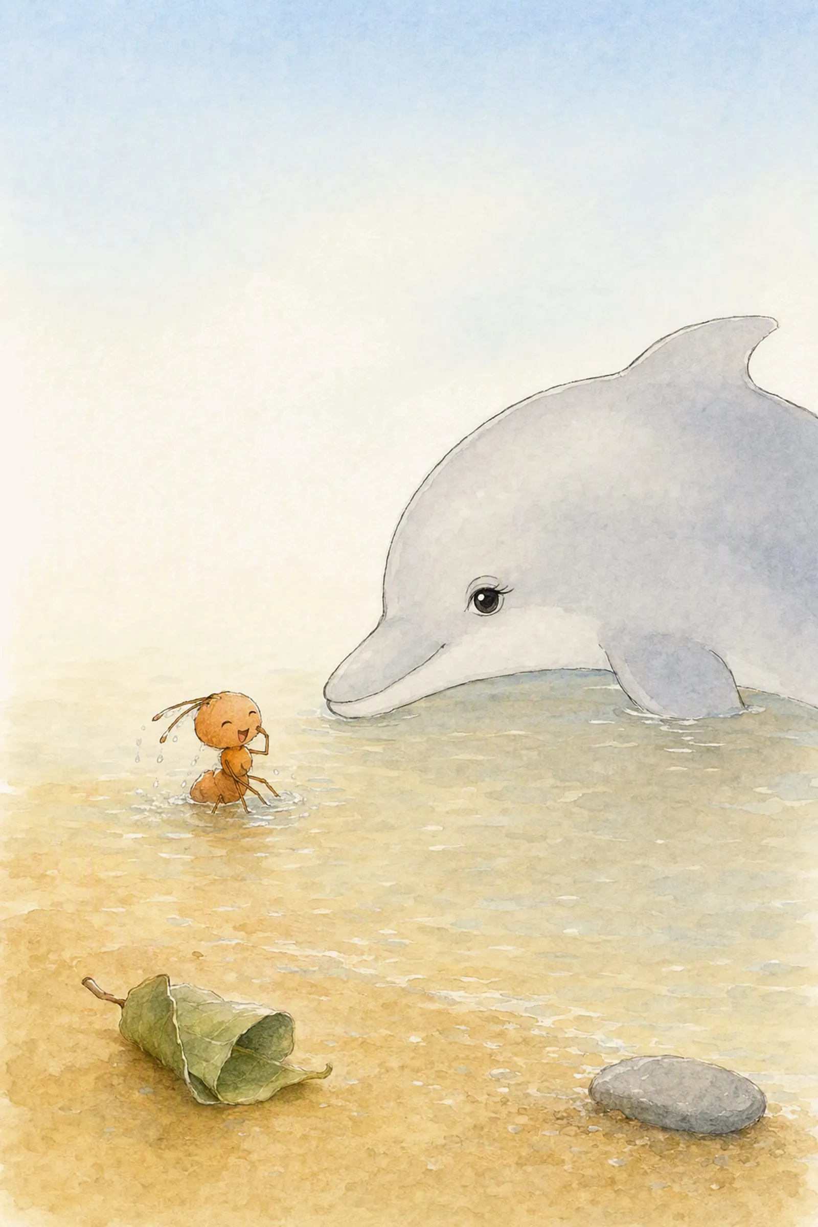 Pip sits soaked in the warm shallows mid-sneeze and laughing, and Dawn lies close beside him watching, the two of them easy and amused.