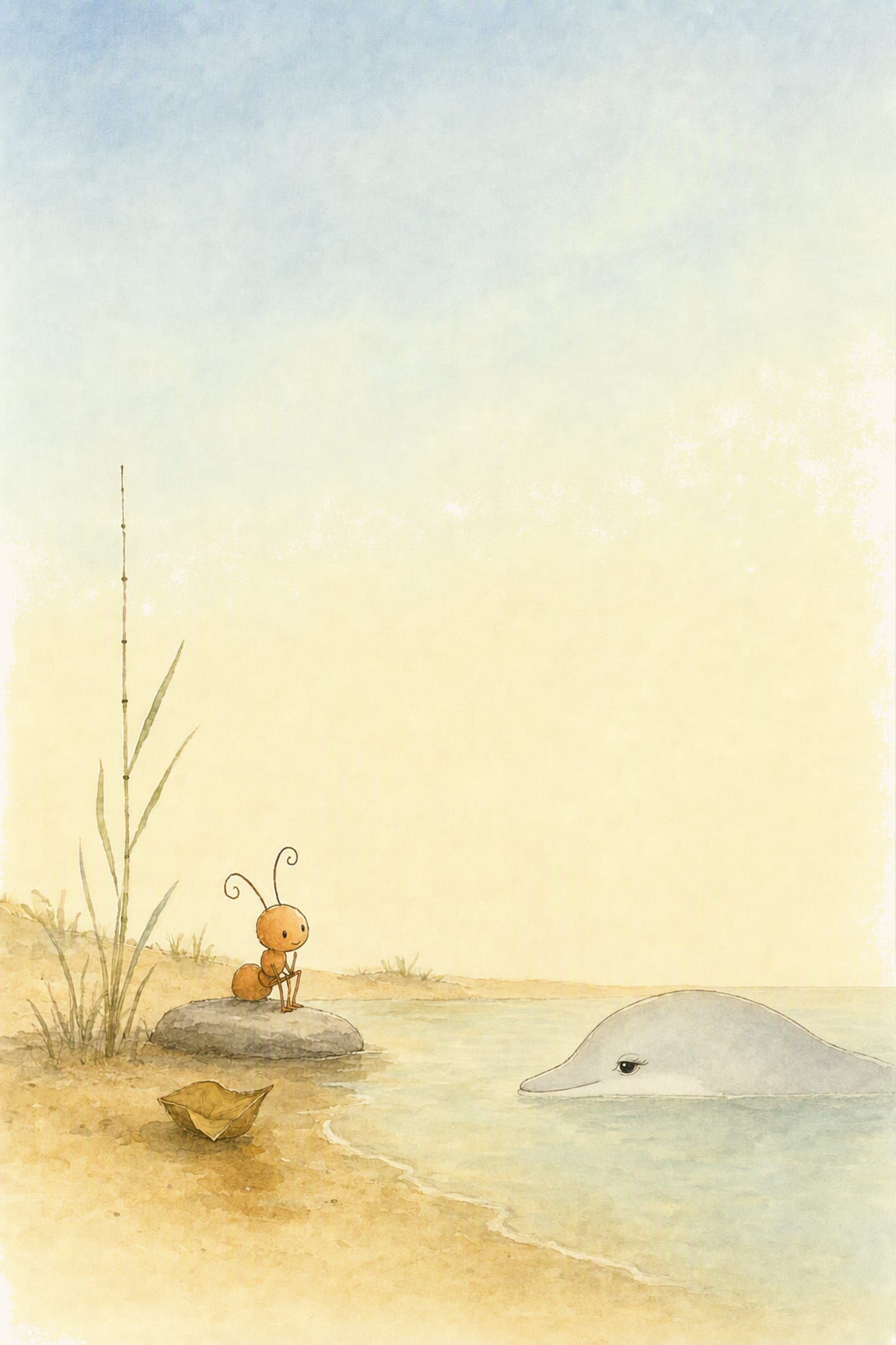 Pip sits on the flat grey stone under an enormous hot sky, Dawn resting low in the water nearby and the folded leaf drying on the sand, both quiet.