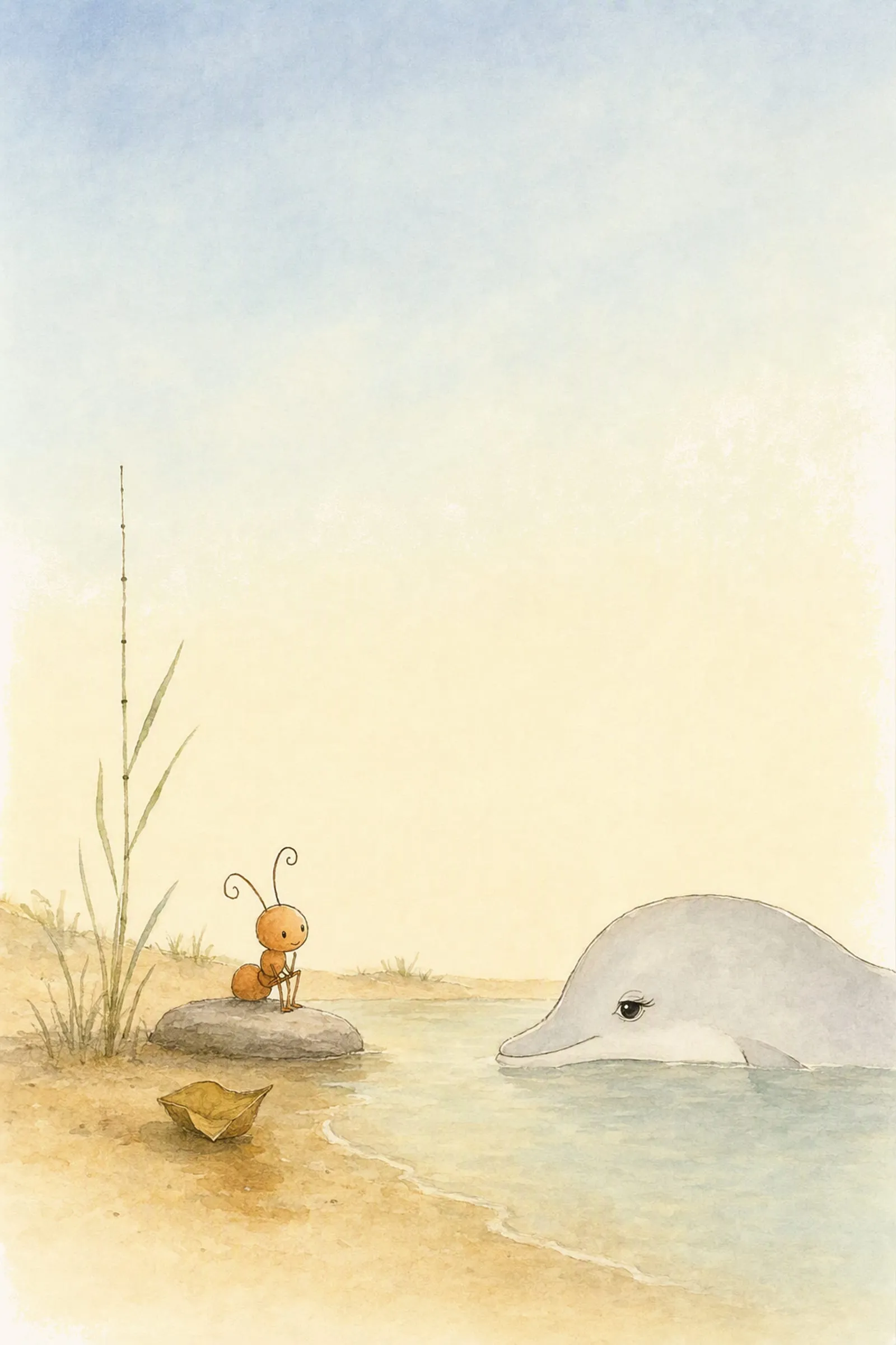Pip sits on the flat grey stone under an enormous hot sky, Dawn resting low in the water nearby and the folded leaf drying on the sand, both quiet.