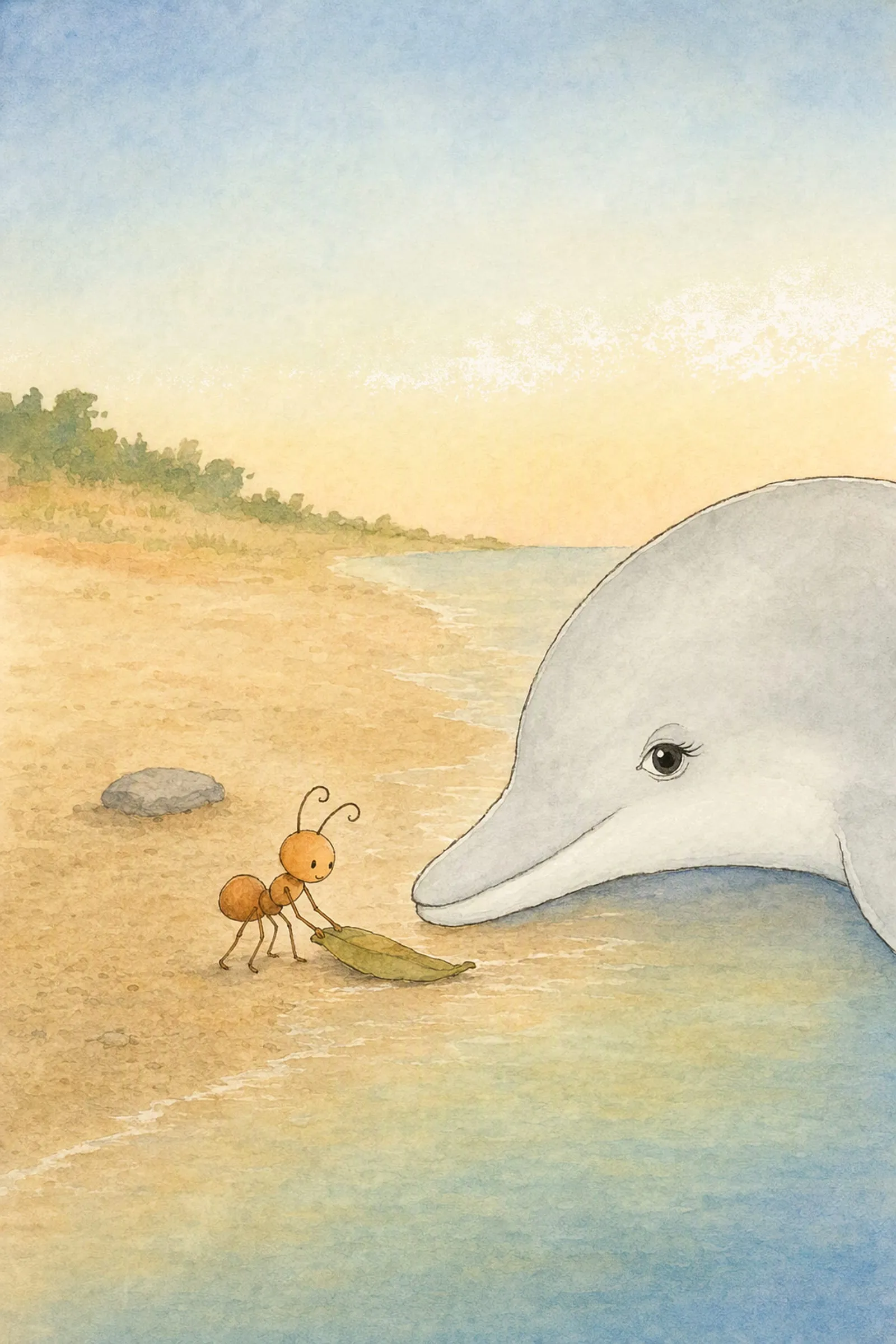 Pip folds the leaf flat on the wet sand with his head turned to Dawn, who lies close by watching his limbs rather than his face, calm and certain.