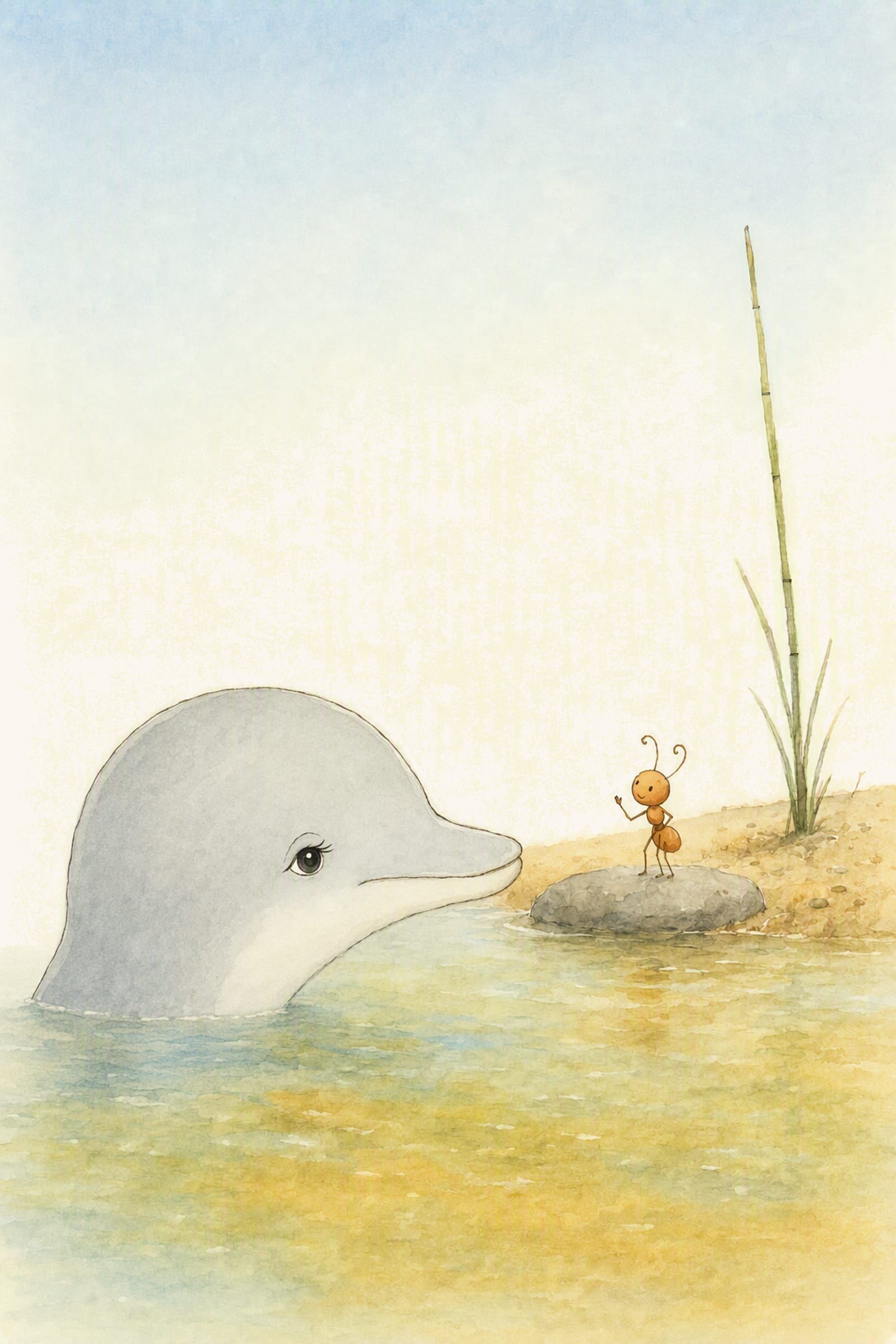 Dawn lies in the near water looking up the shore while Pip stands on the flat grey stone with one limb raised, apologising again, earnest and unnecessary.