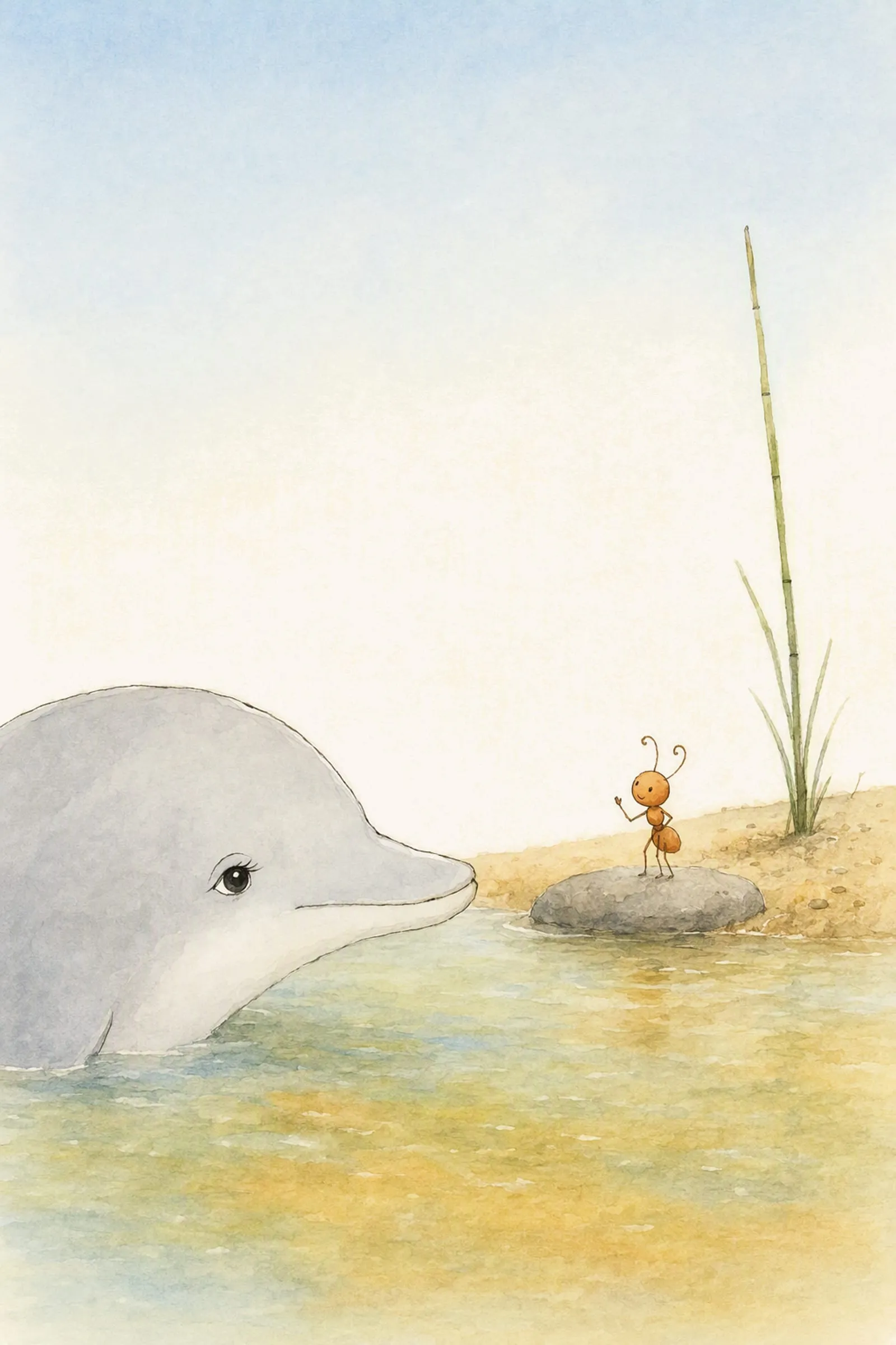 Dawn lies in the near water looking up the shore while Pip stands on the flat grey stone with one limb raised, apologising again, earnest and unnecessary.
