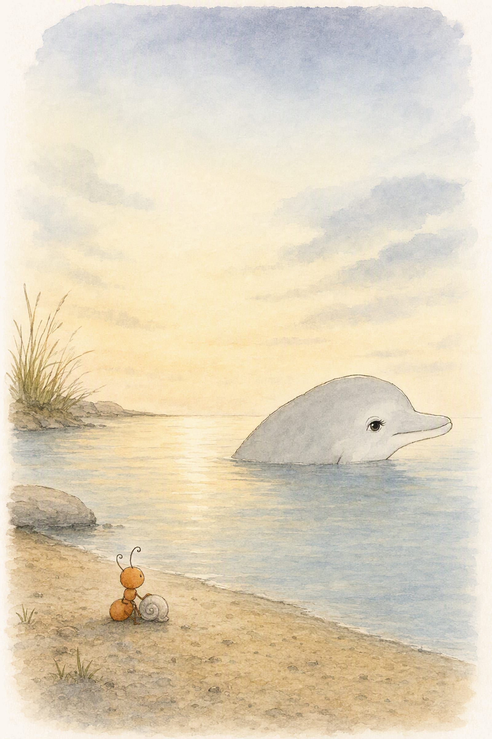 Pip sits on the sand with one limb on the curled shell, comfortable, while Dawn lies further out and low, looking away from the shore, still and unhurried.