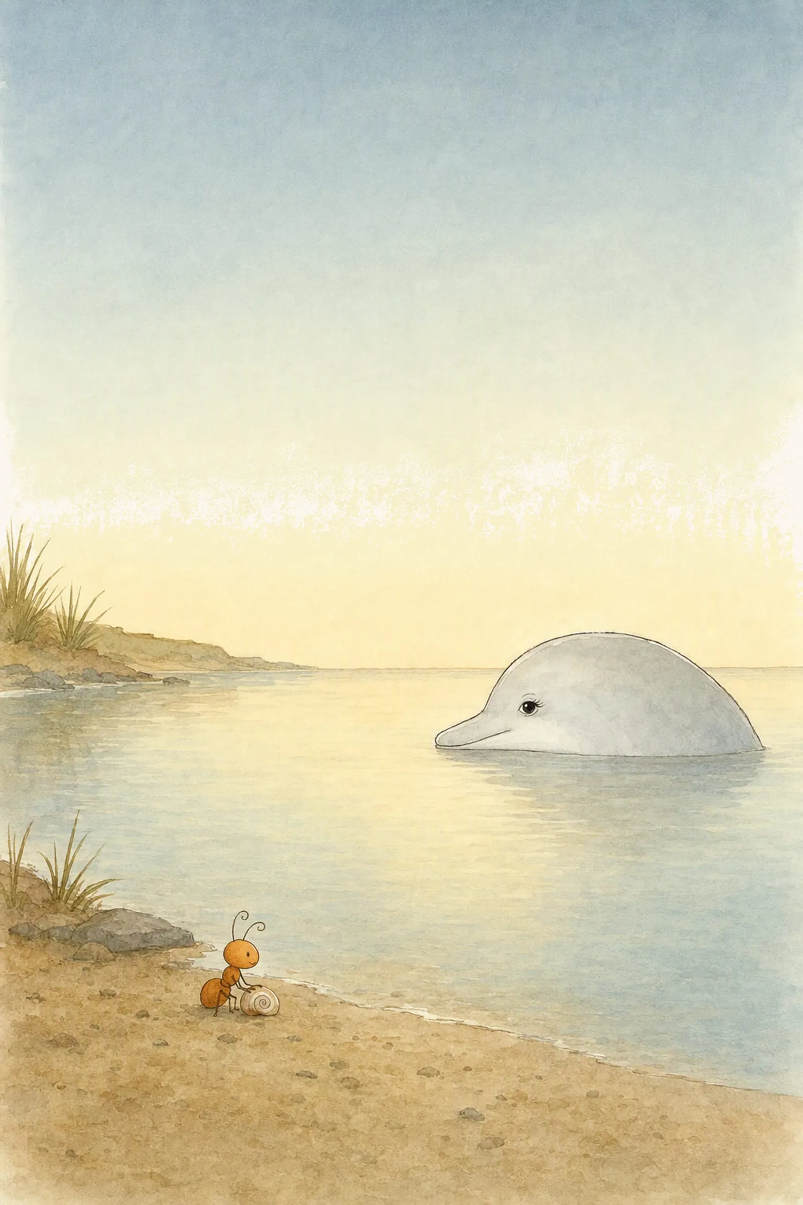 Pip sits on the sand with one limb on the curled shell, comfortable, while Dawn lies further out and low, looking away from the shore, still and unhurried.