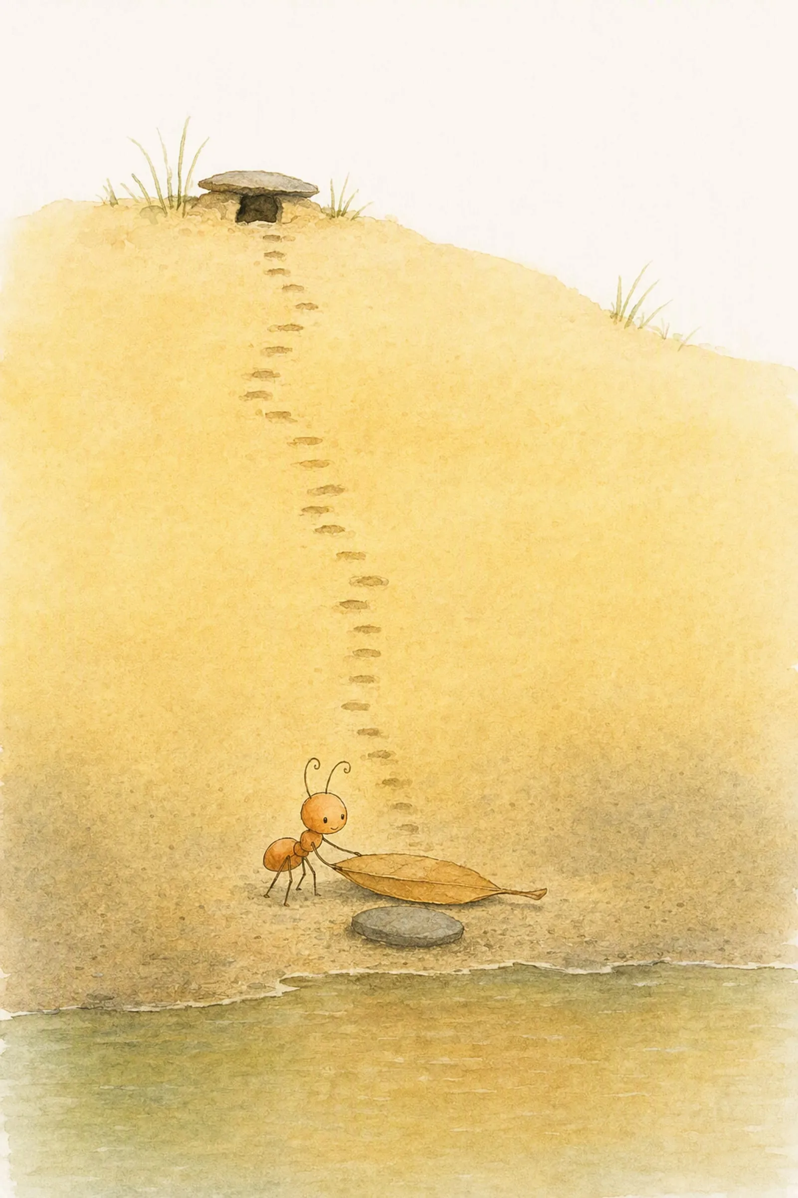 Pip lays a leaf along the sand at the foot of the worn steps that come down from his doorway, measuring the old distance, settled and easy.