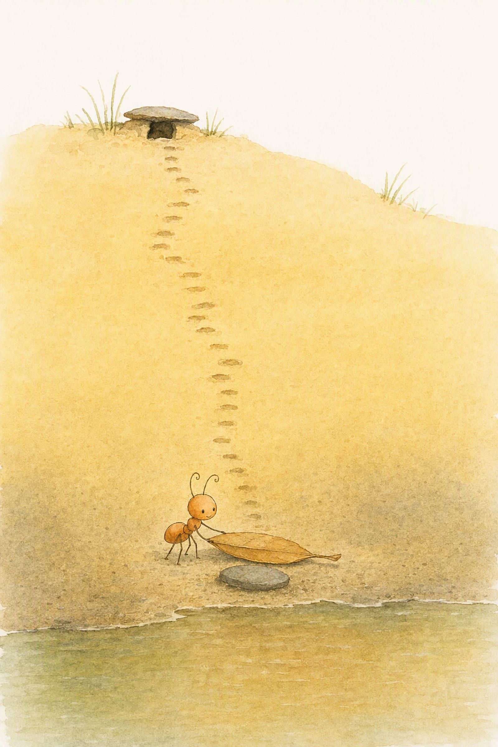 Pip lays a leaf along the sand at the foot of the worn steps that come down from his doorway, measuring the old distance, settled and easy.
