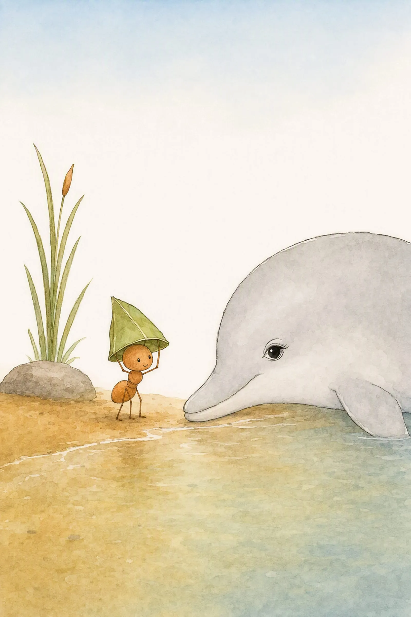 Pip holds his folded leaf diving bell over his head at the pool’s edge while Dawn rests her chin on the sand beside him, watching.