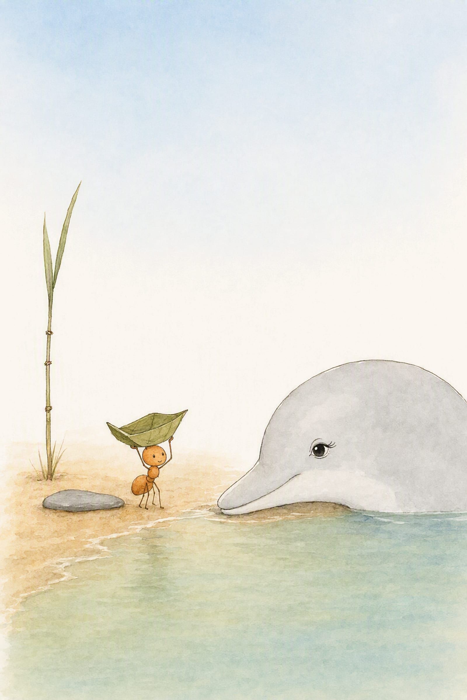 Pip holds his folded leaf diving bell over his head at the pool’s edge while Dawn rests her chin on the sand beside him, watching.