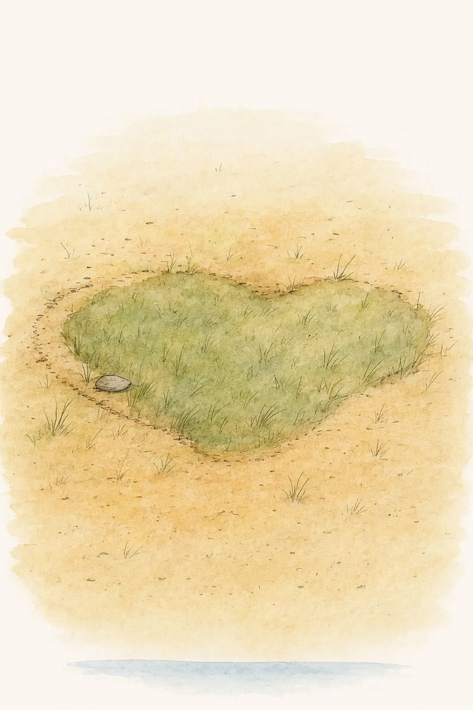 The old hollow lies grown over with grass, the flat grey stone at its edge and the sea a thin line far below, quiet and long settled.
