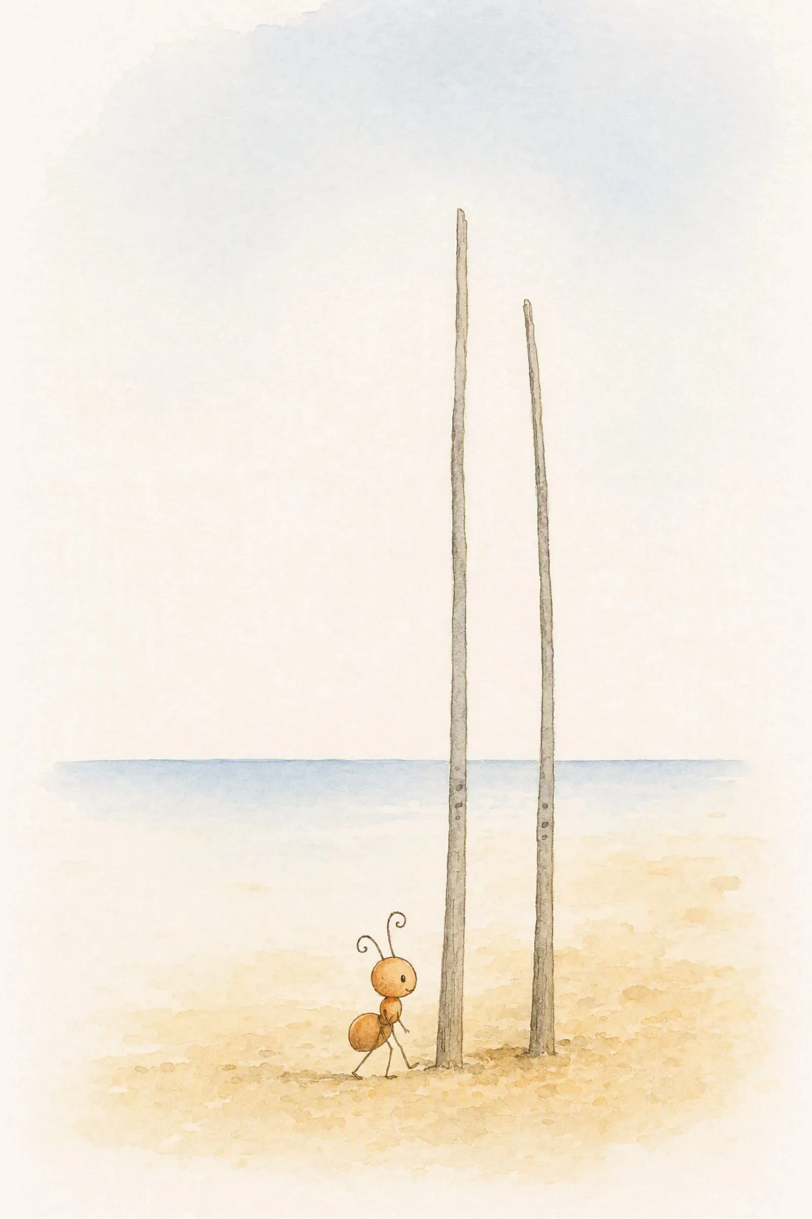 Two grey reeds stand by the old water's edge with their marks gone soft, and Pip walks past their feet without looking up, untroubled.