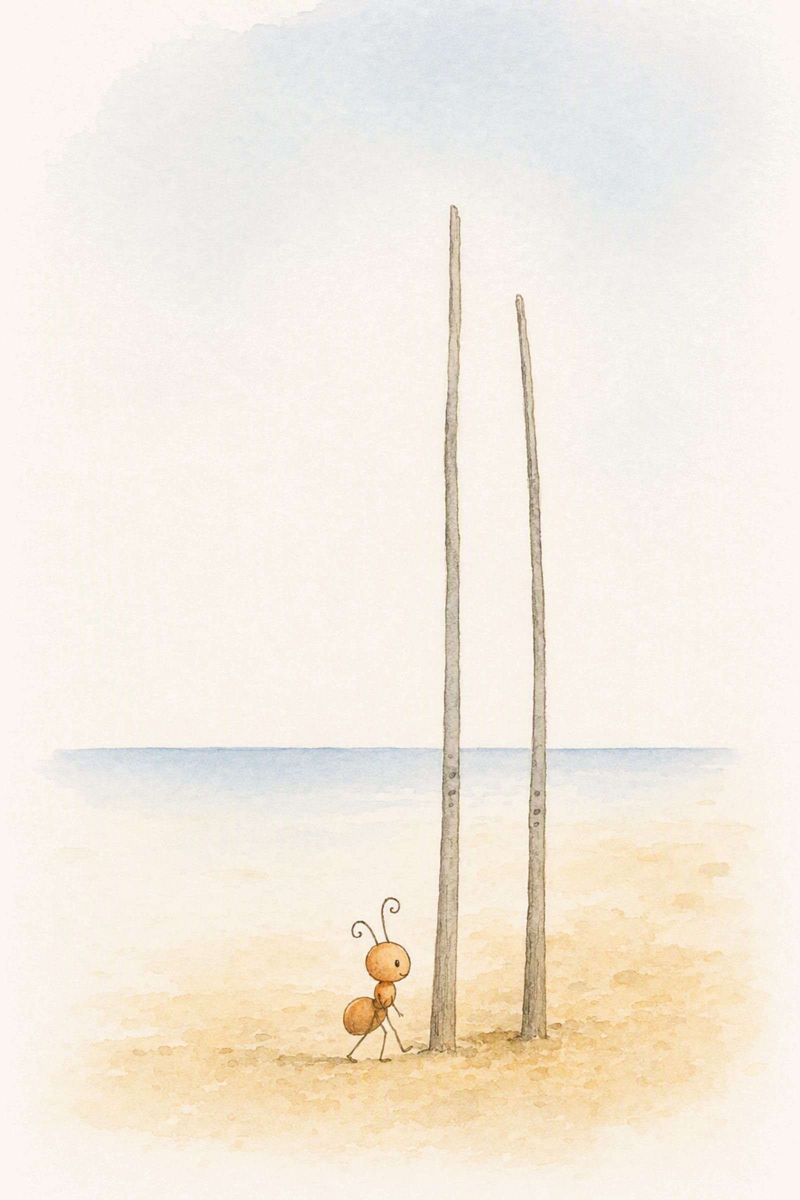 Two grey reeds stand by the old water's edge with their marks gone soft, and Pip walks past their feet without looking up, untroubled.