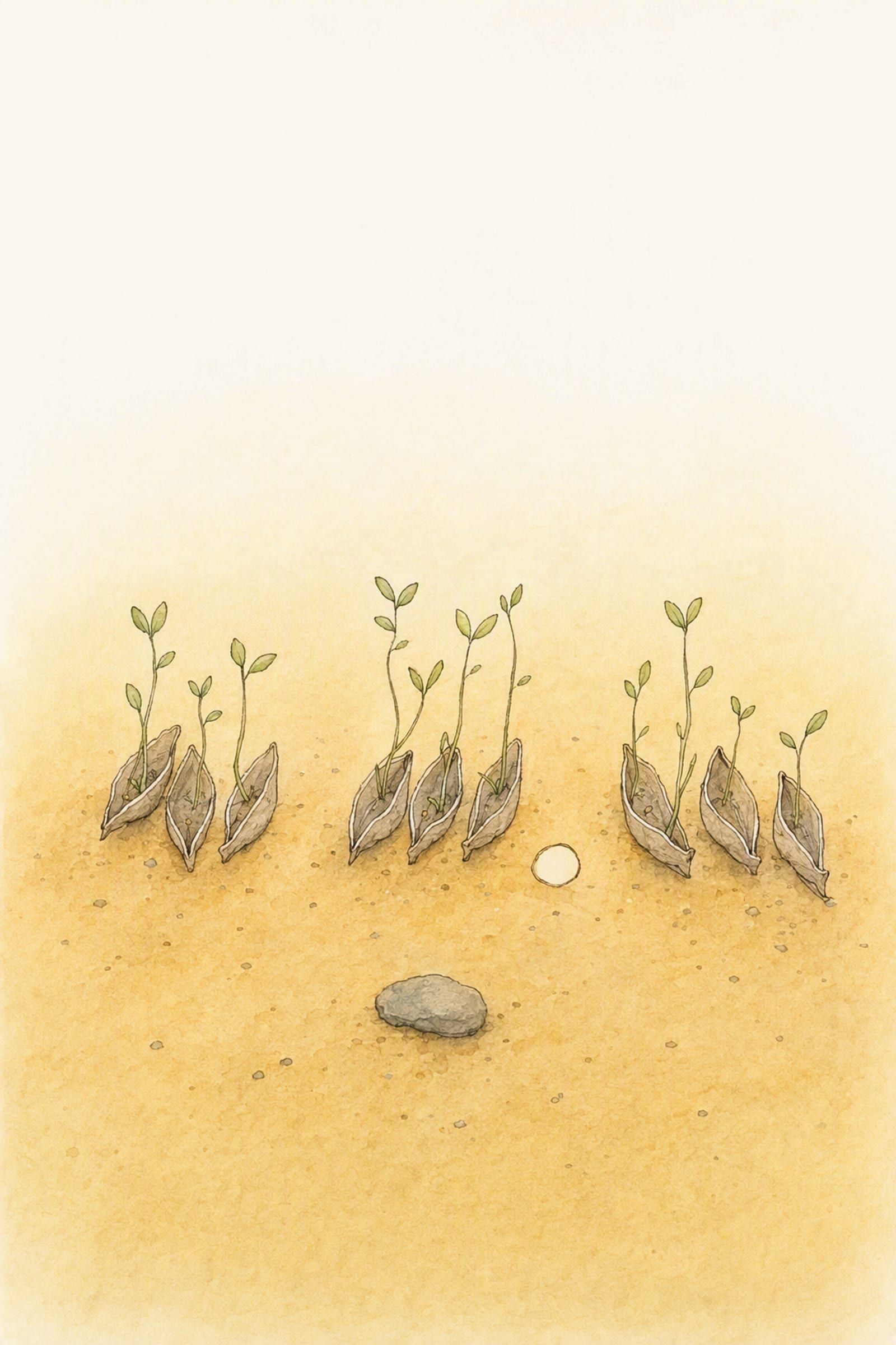 Nine weathered leaf-boat hulls stand in three groups of three on the dry sand, shoots growing out of them and the round clear stone among them, long undisturbed.