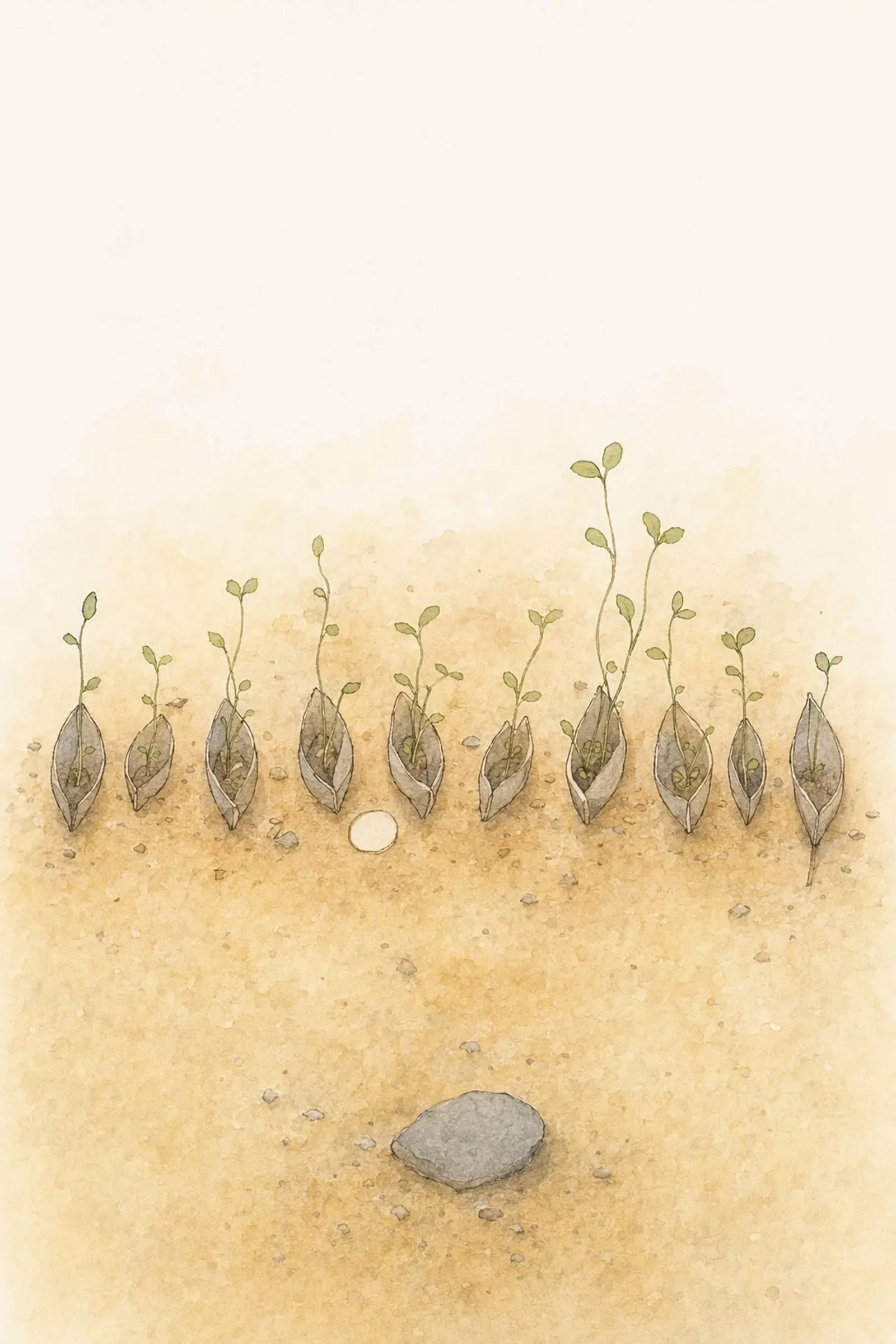 Nine weathered leaf-boat hulls lie in a row above the shore, shoots growing out of them and a round clear stone among them, long undisturbed.