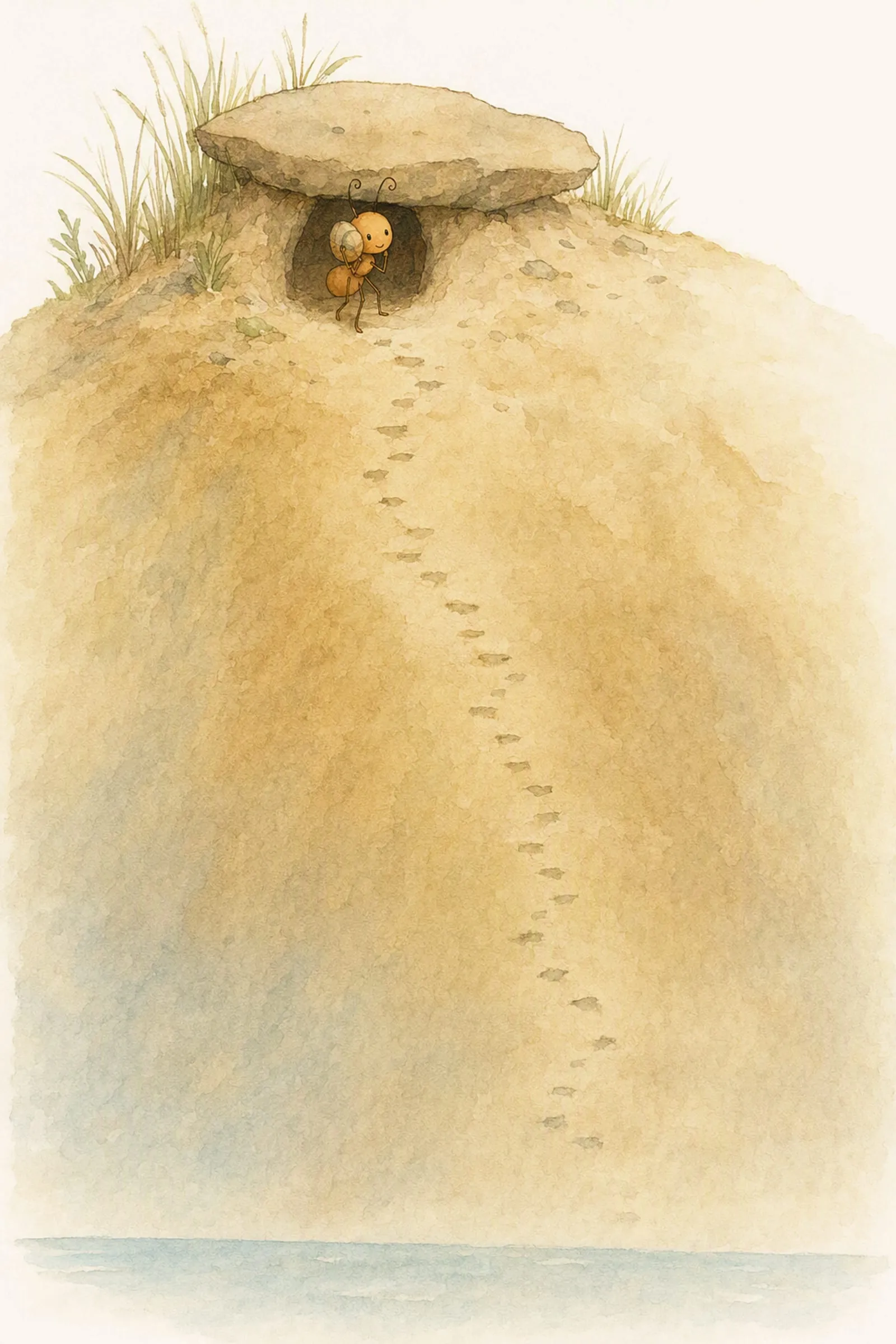 Pip steps out of his doorway at the top of the shore holding the small curled shell against the side of his head, easy and unhurried.