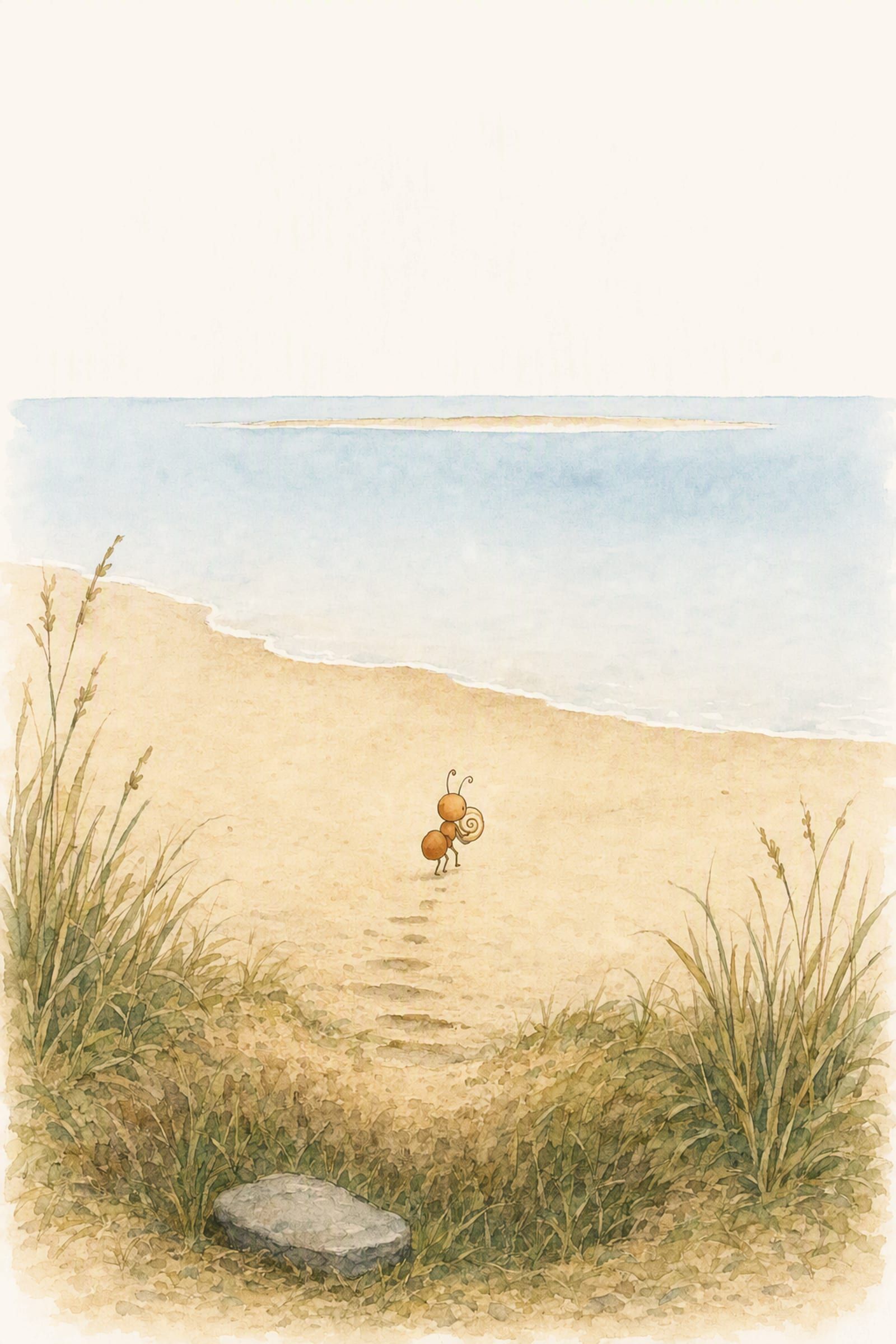 Pip carries the small curled shell down the shore towards the spring tide, which runs up the sand and stops well short of the old hollow, unhurried.