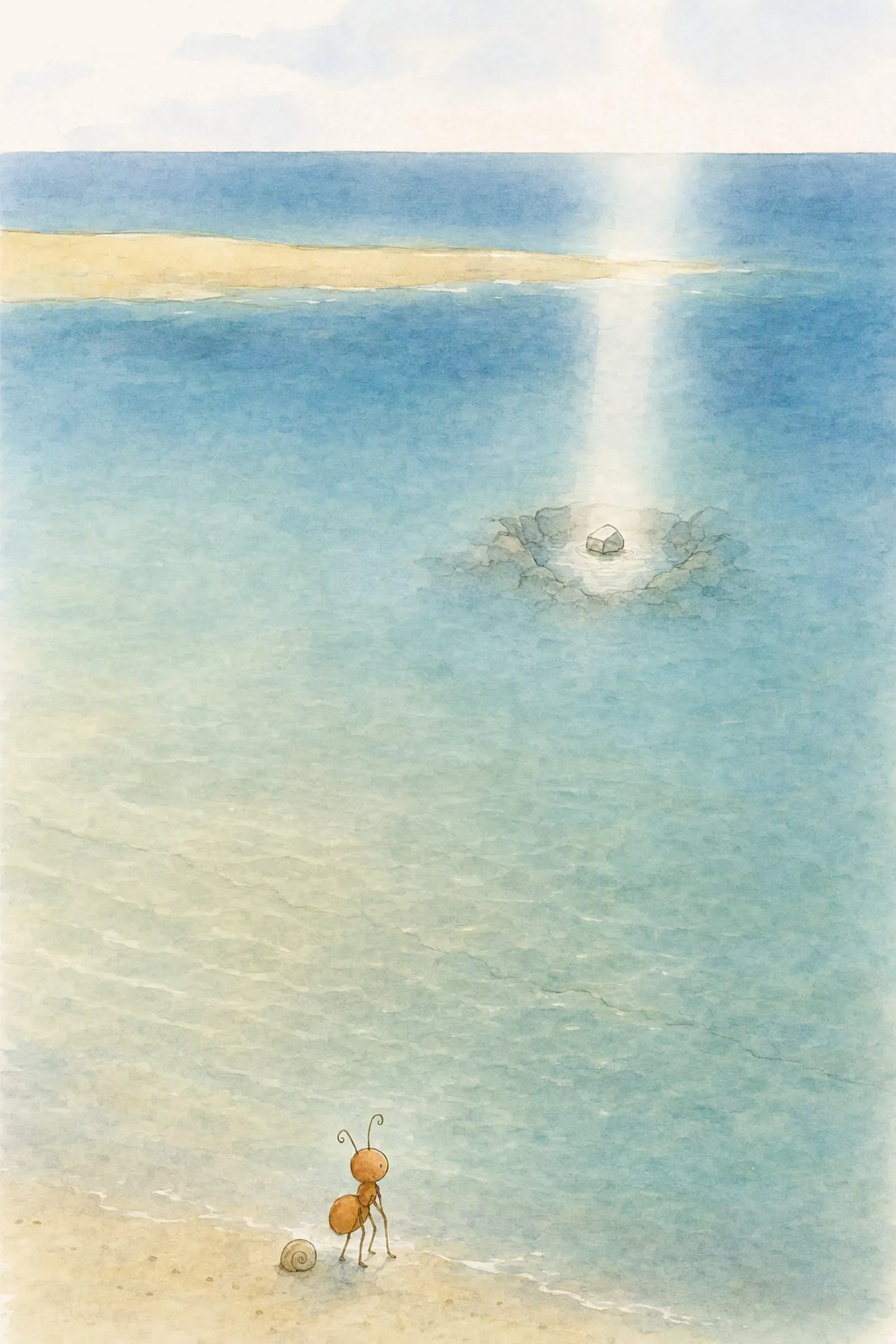 Pip stands tiny at the water's edge with the shell, and far out the noon light reaches a grey stone in a rock hollow, wide and quiet.