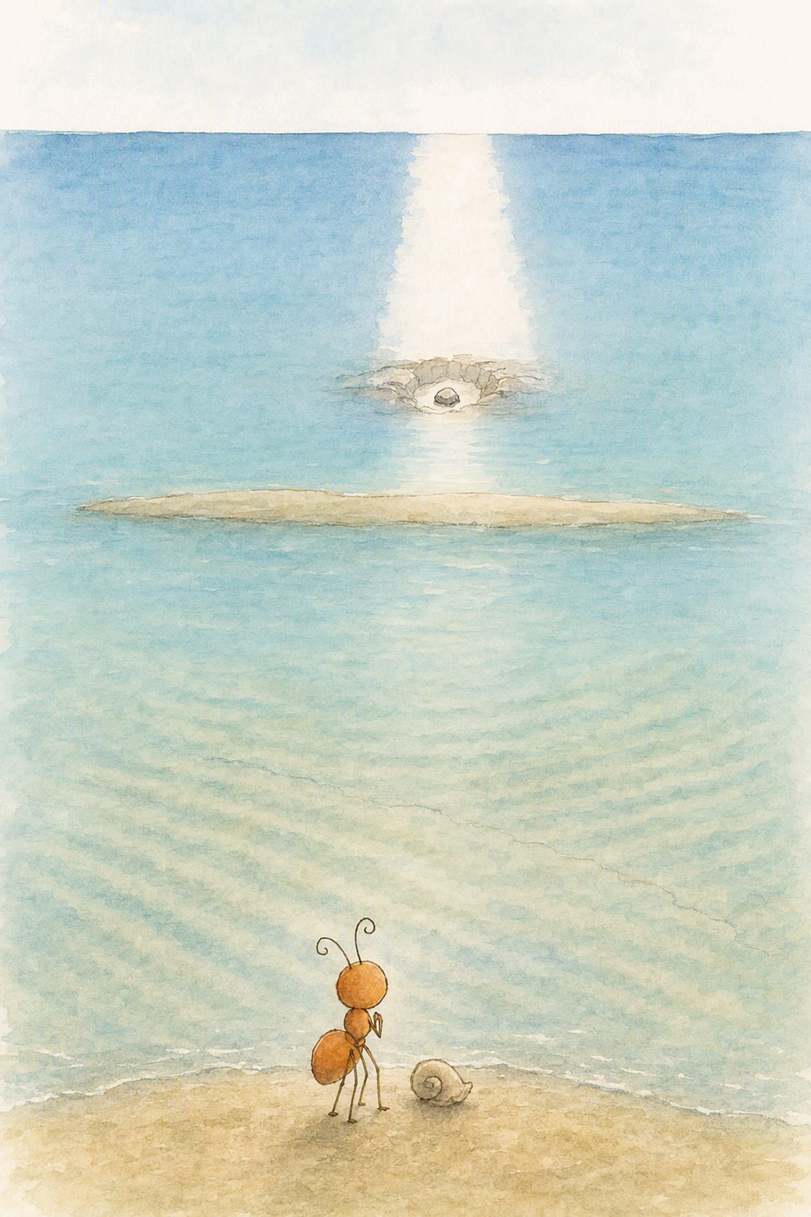 Pip stands tiny at the water's edge with the shell, and far out the noon light reaches a grey stone in a rock hollow, wide and quiet.