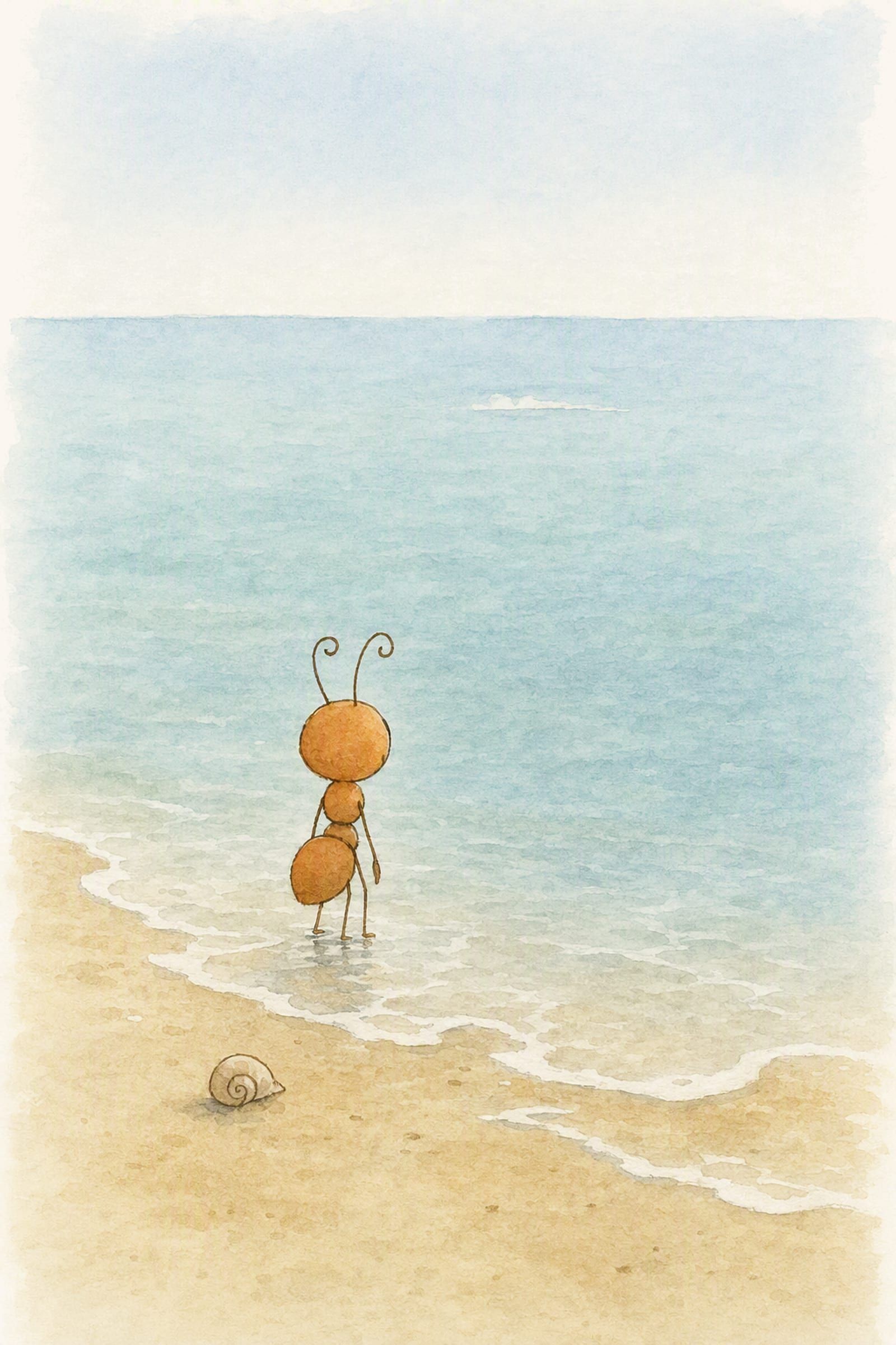 Pip stands with his back to us in the thin foam at the water's edge, the small curled shell on the sand behind him and one pale mark far out on the sea, still and easy.