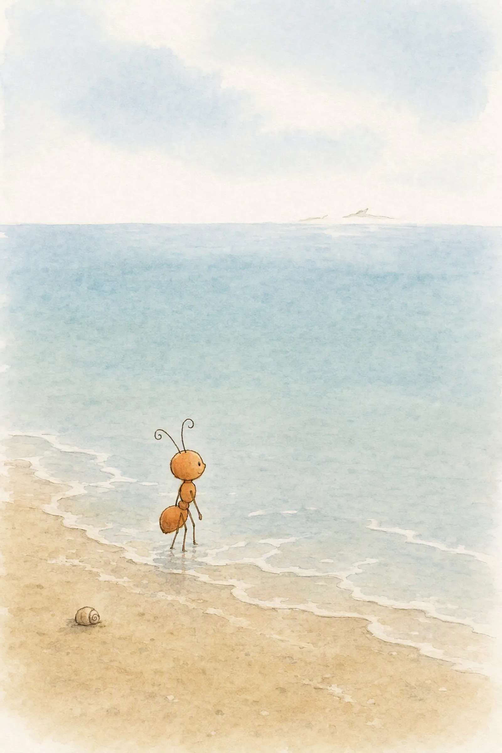 Pip stands in the thin foam at the water's edge under a great sky, one small pale mark far out on the sea, still and easy.