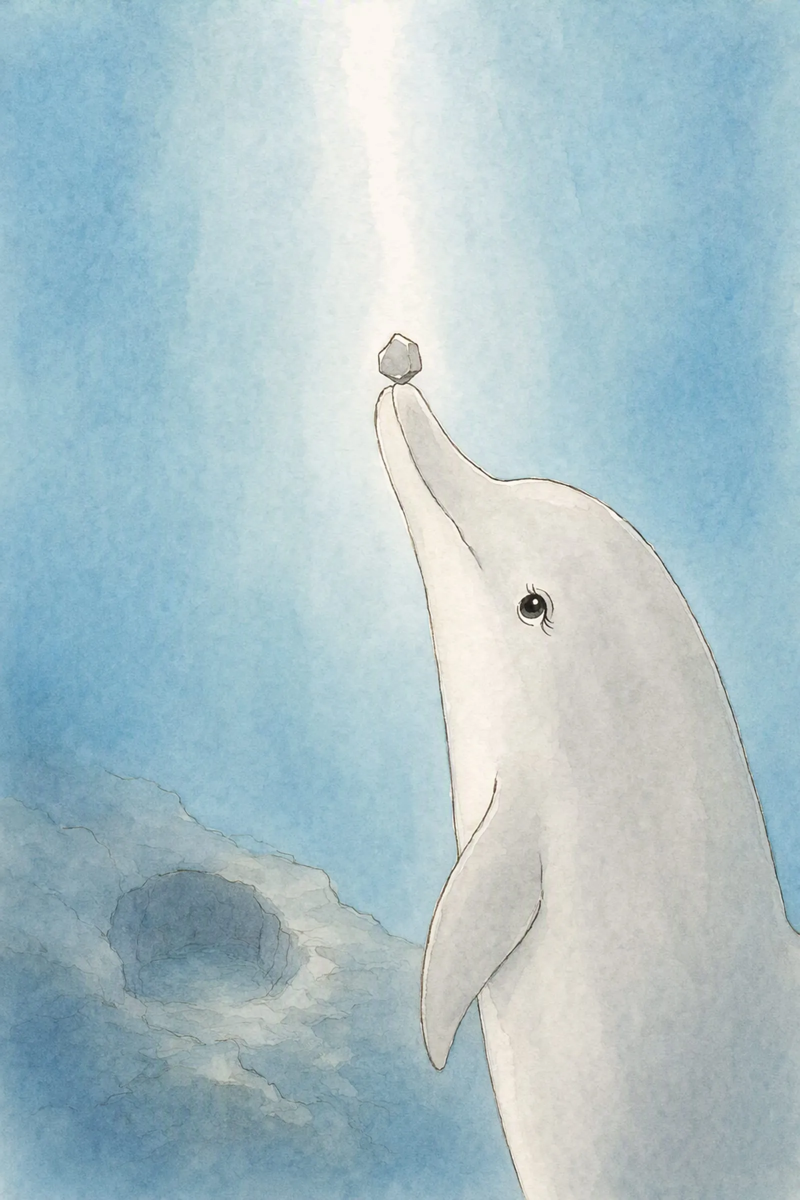 Dawn holds the small grey stone at the tip of her snout in a fall of noon light, every edge of it sharp, attentive and calm.