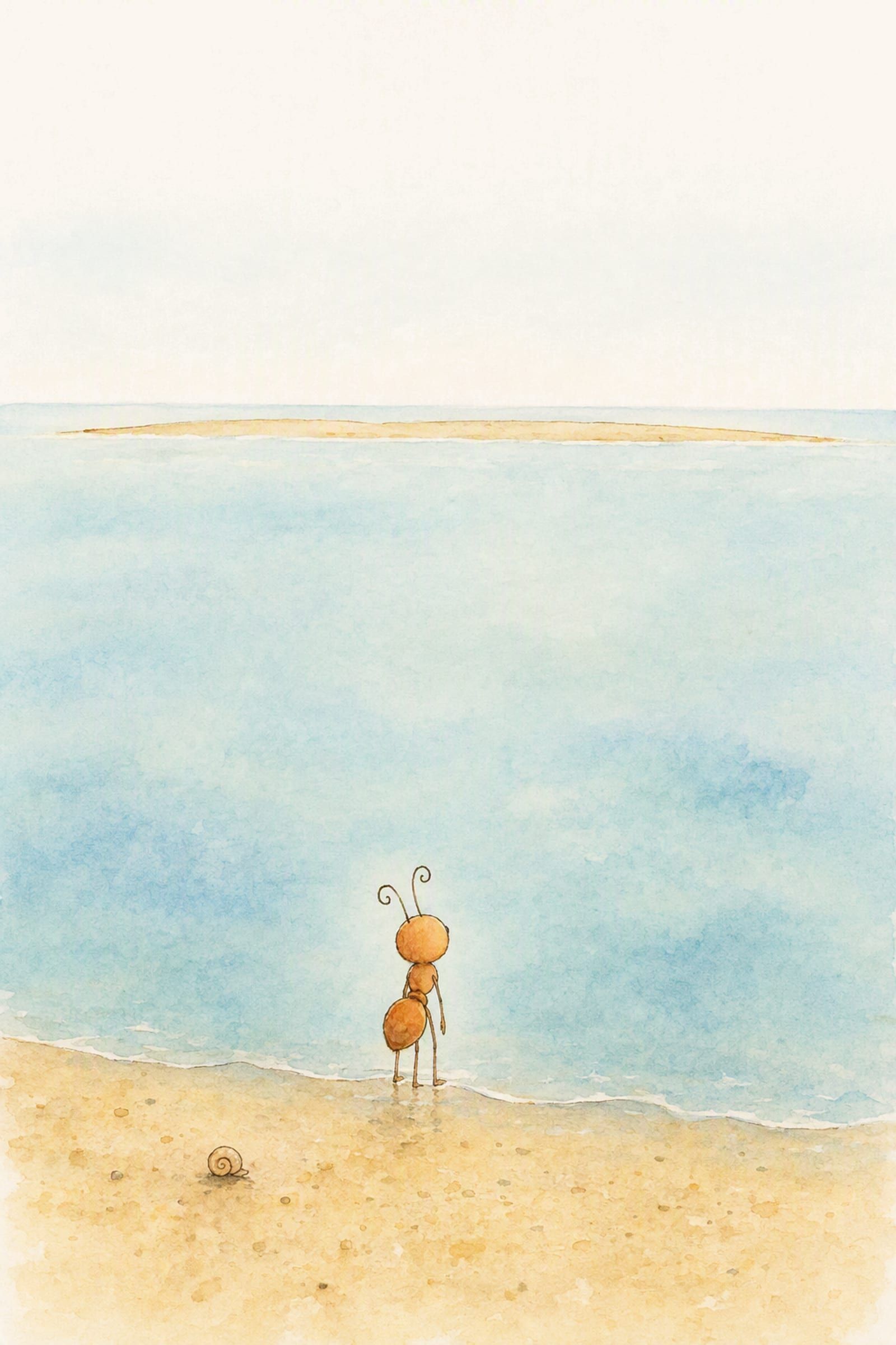 Pip stands in the very edge of the water, small against a wide pale afternoon, his head lifted a little as he speaks out to an empty sea beyond the low sandbar.