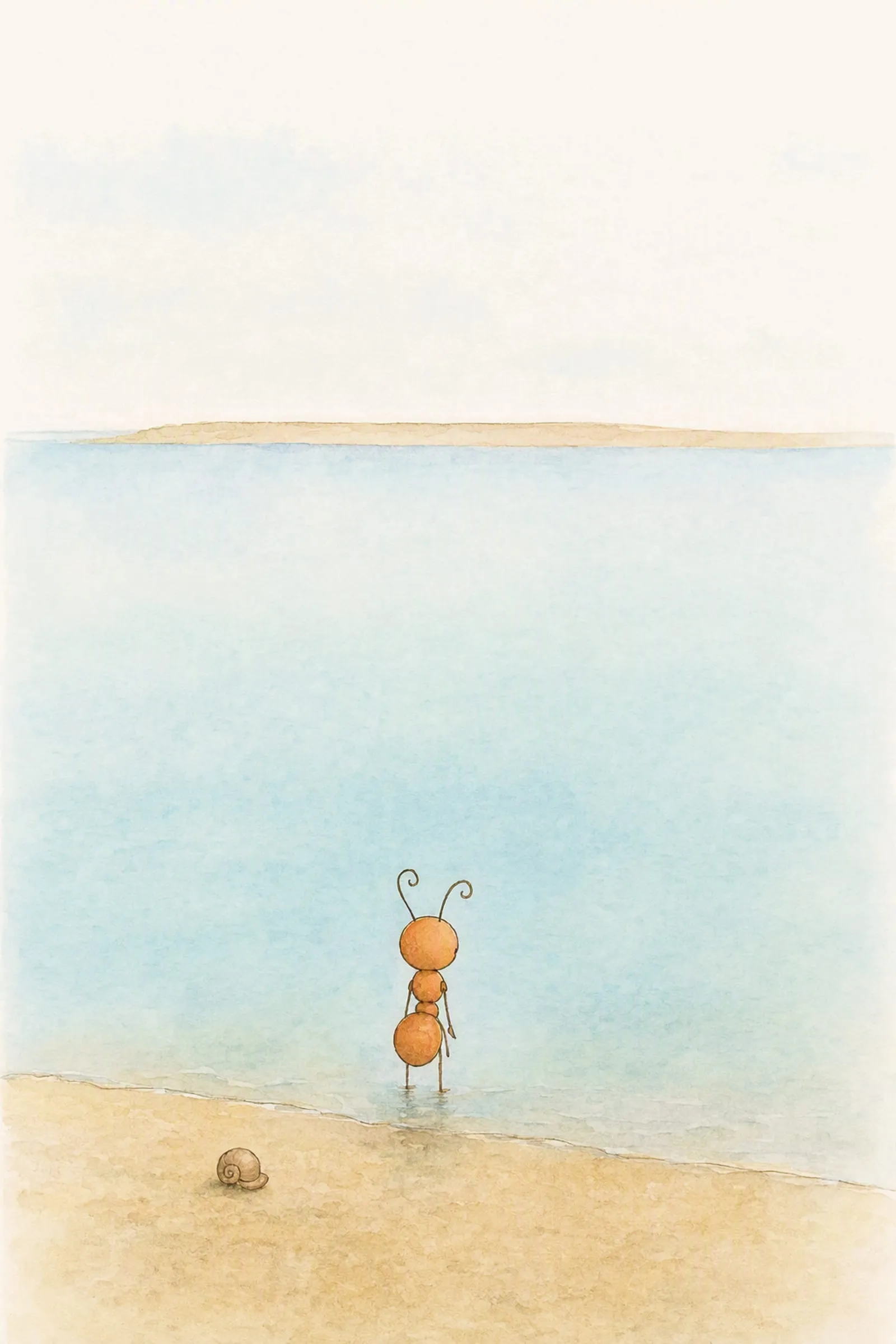 Pip stands in the very edge of the water, small in a wide pale afternoon, his head lifted a little as he speaks, calm and alone.