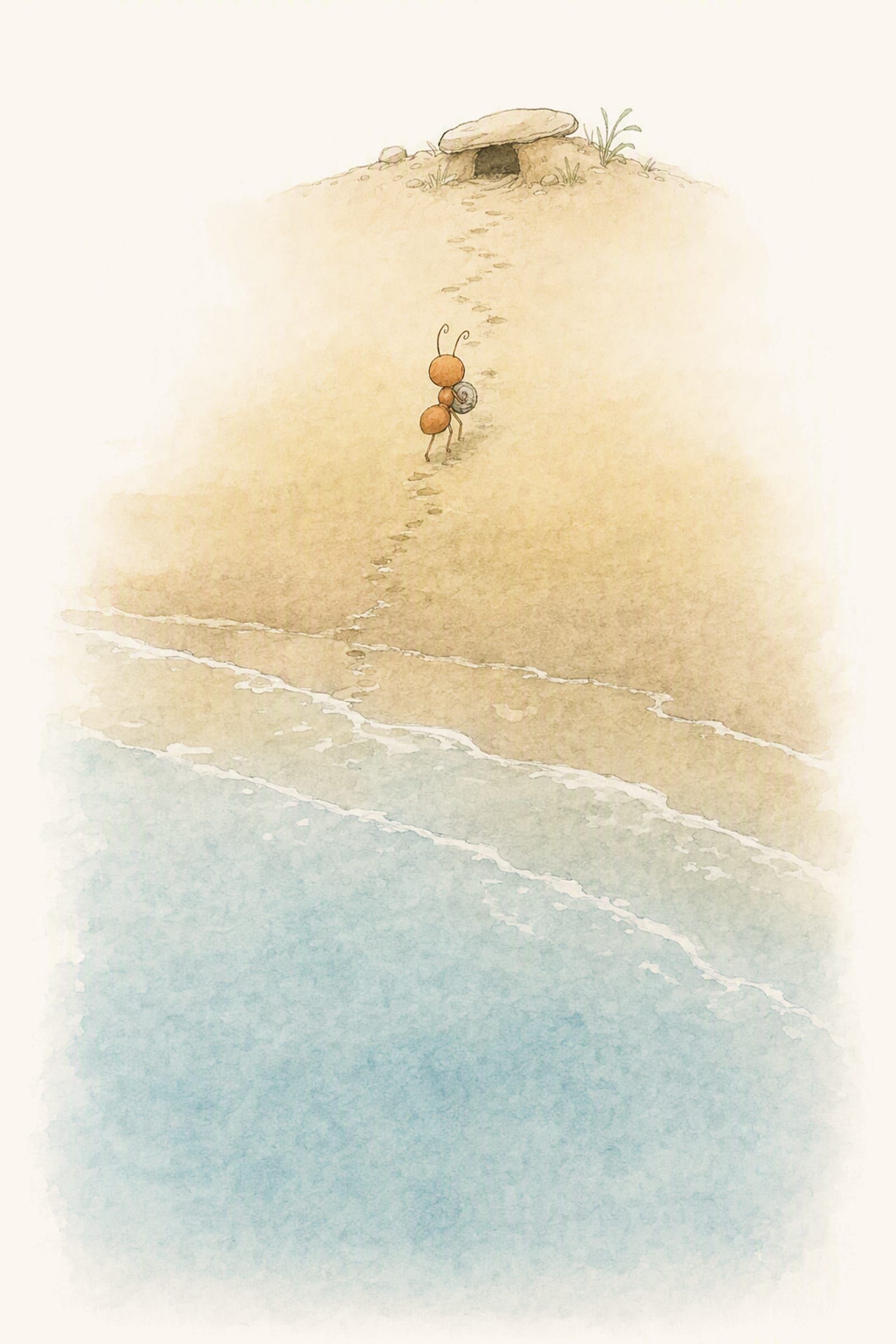 The sea runs out below while Pip climbs the tiny worn steps with the shell held against him, small and steady, his back to the water.