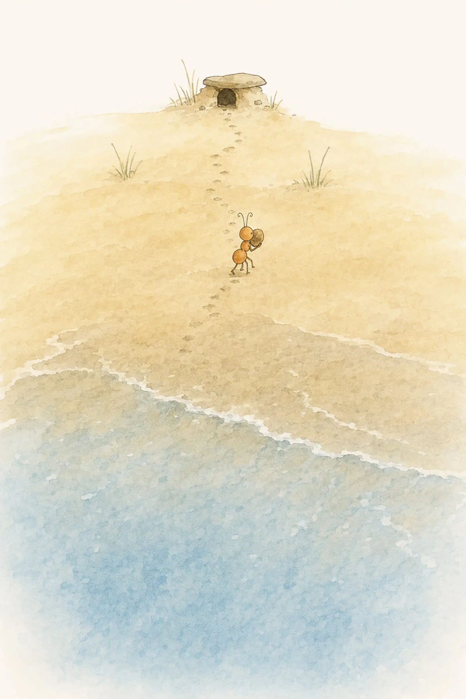 The sea runs out below while Pip climbs the tiny worn steps with the shell held against him, small and steady, his back to the water.