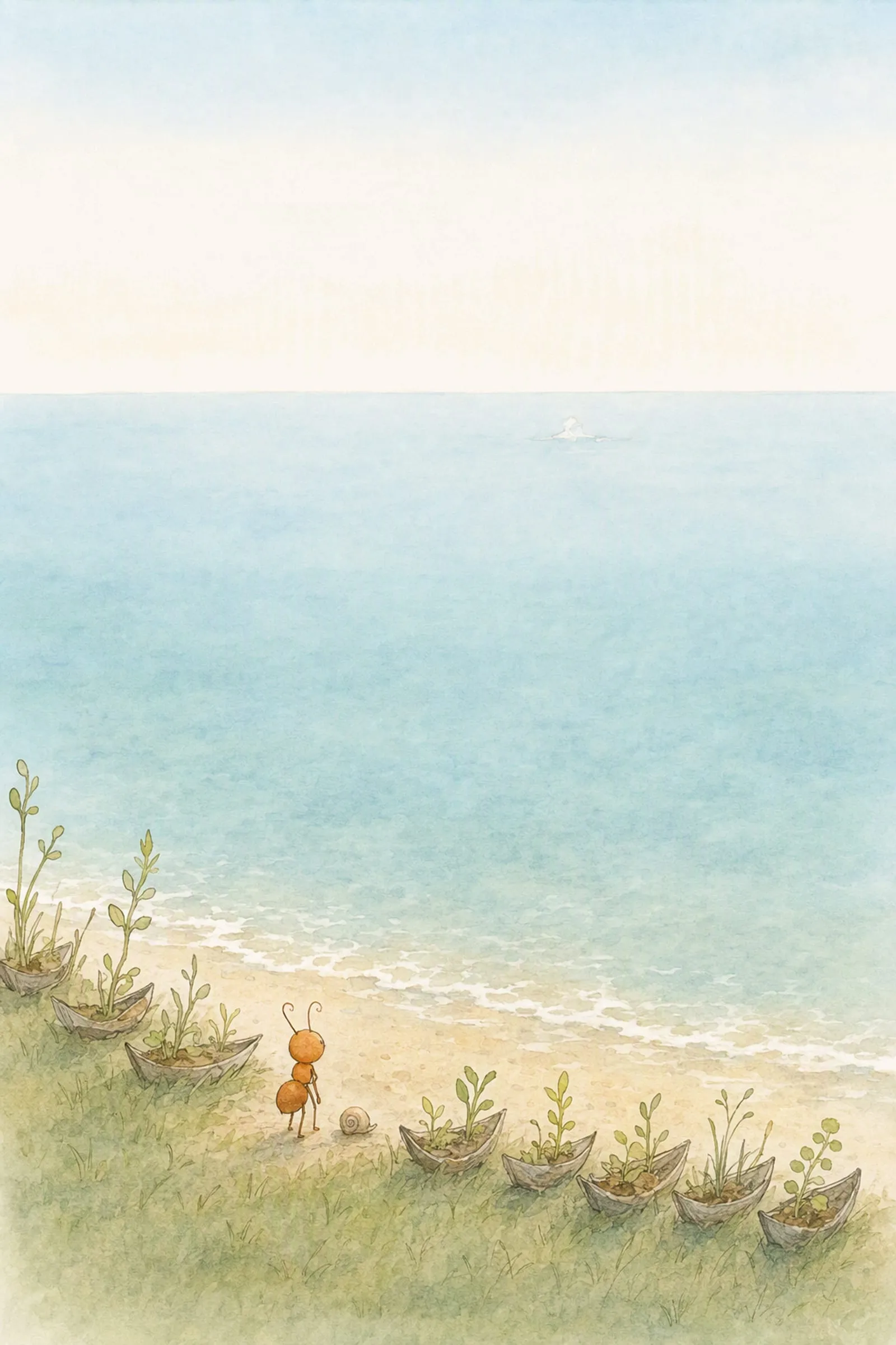 Pip stands tiny in the edge of the spring tide below the nine sprouting boat hulls, and far out a pale shape rises that could be foam.
