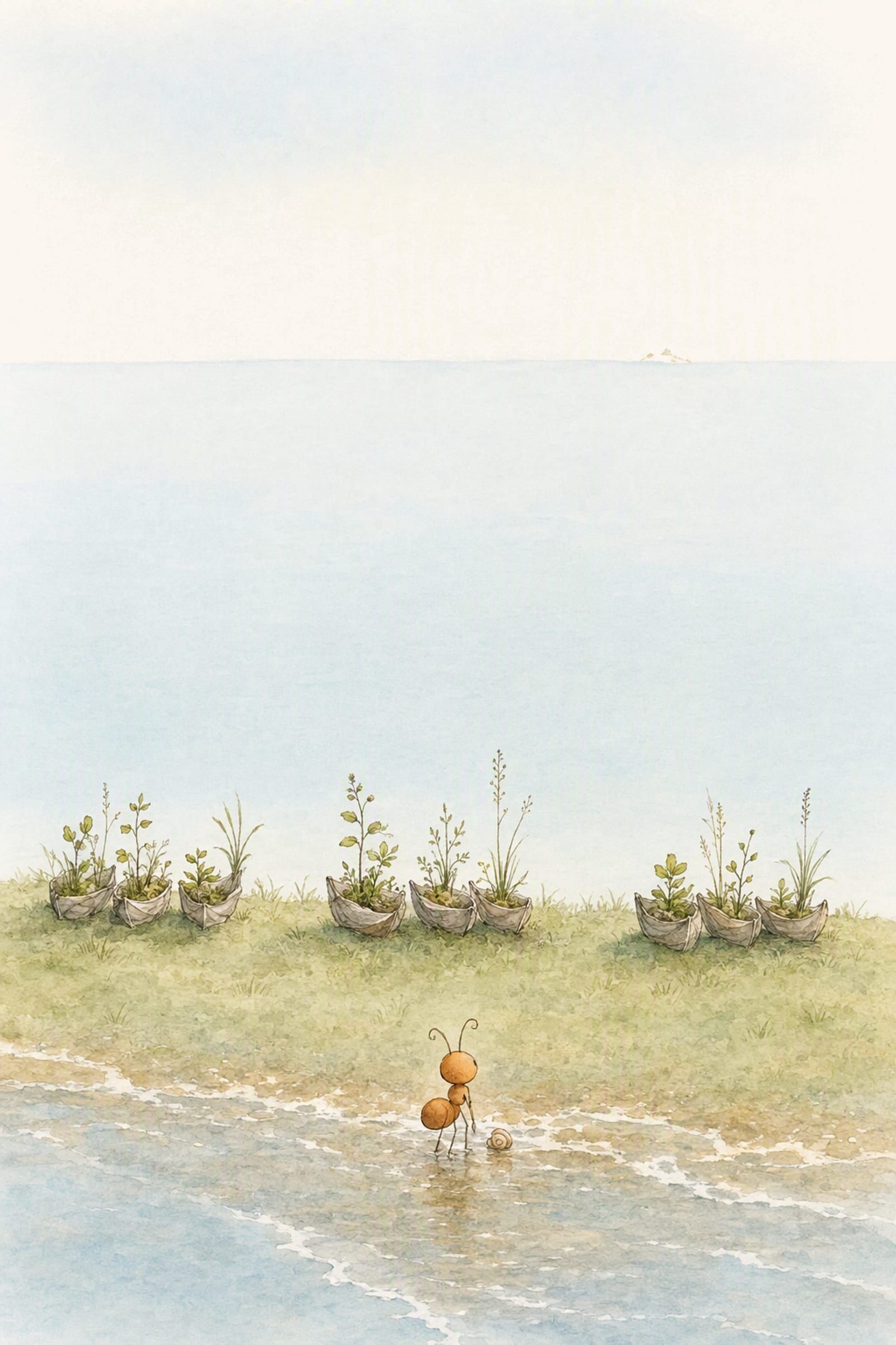 Pip stands tiny in the thin foam with the small curled shell beside him, below nine sprouting boat hulls in three groups of three, and far out a pale shape rises that could be foam.