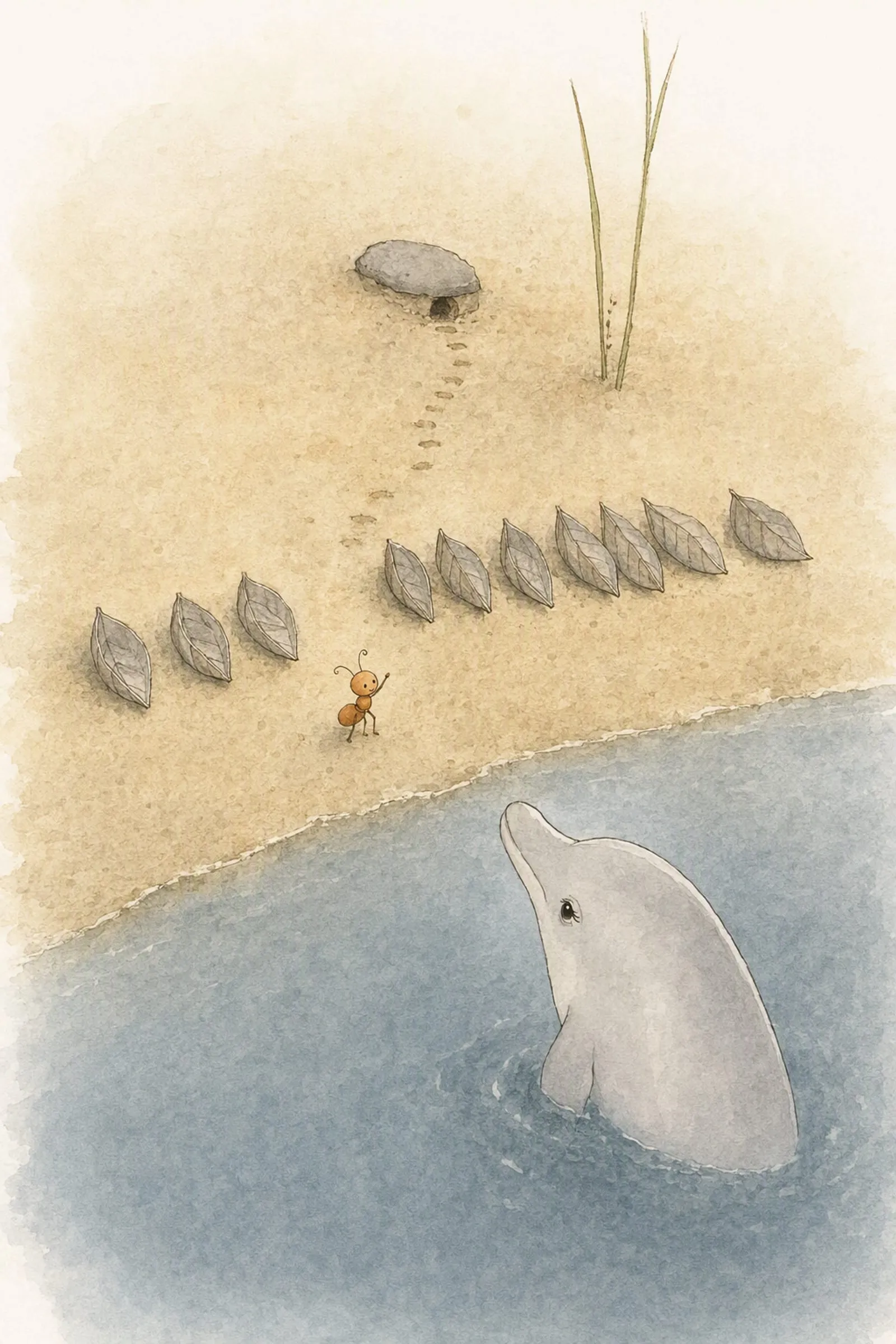 Pip points out the stone, the steps, the nine hulls and the reed while Dawn listens from the water below him, attentive and quietly amused.
