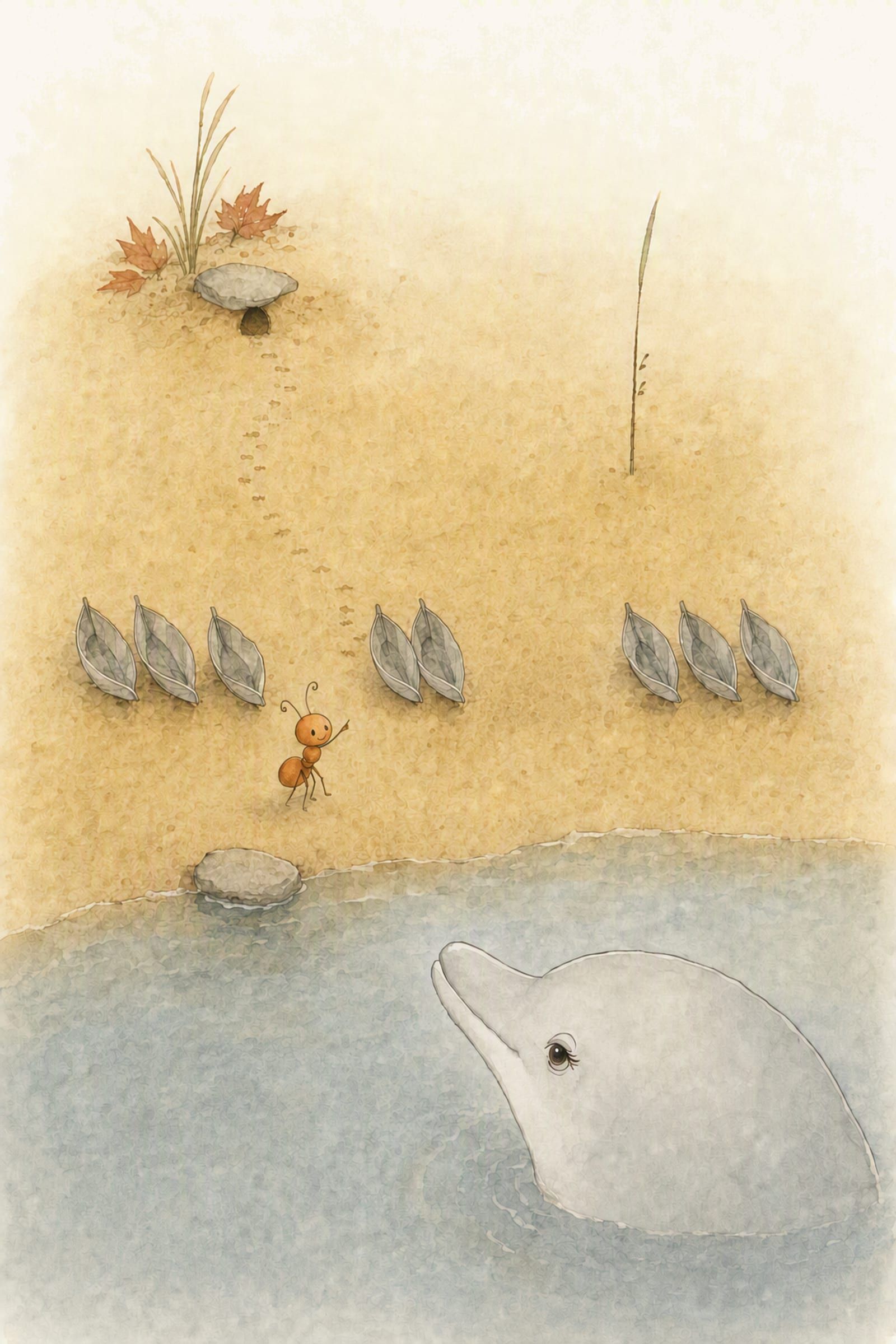 Pip points out the stone, the steps, the leaf-boat hulls and the second reed, while Dawn's head rests above the pool, taking the inventory seriously.