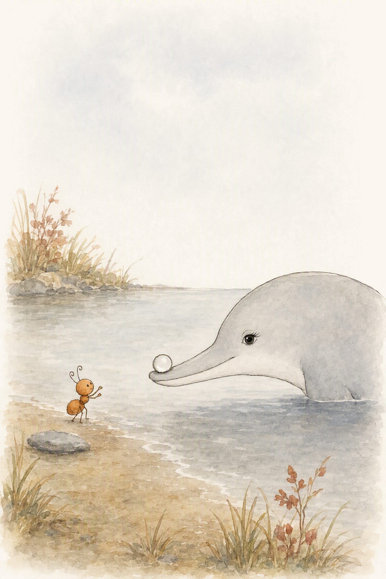 Dawn comes in across the shallows with a small round clear stone balanced level on her snout and Pip waits with both arms raised, careful and delighted.