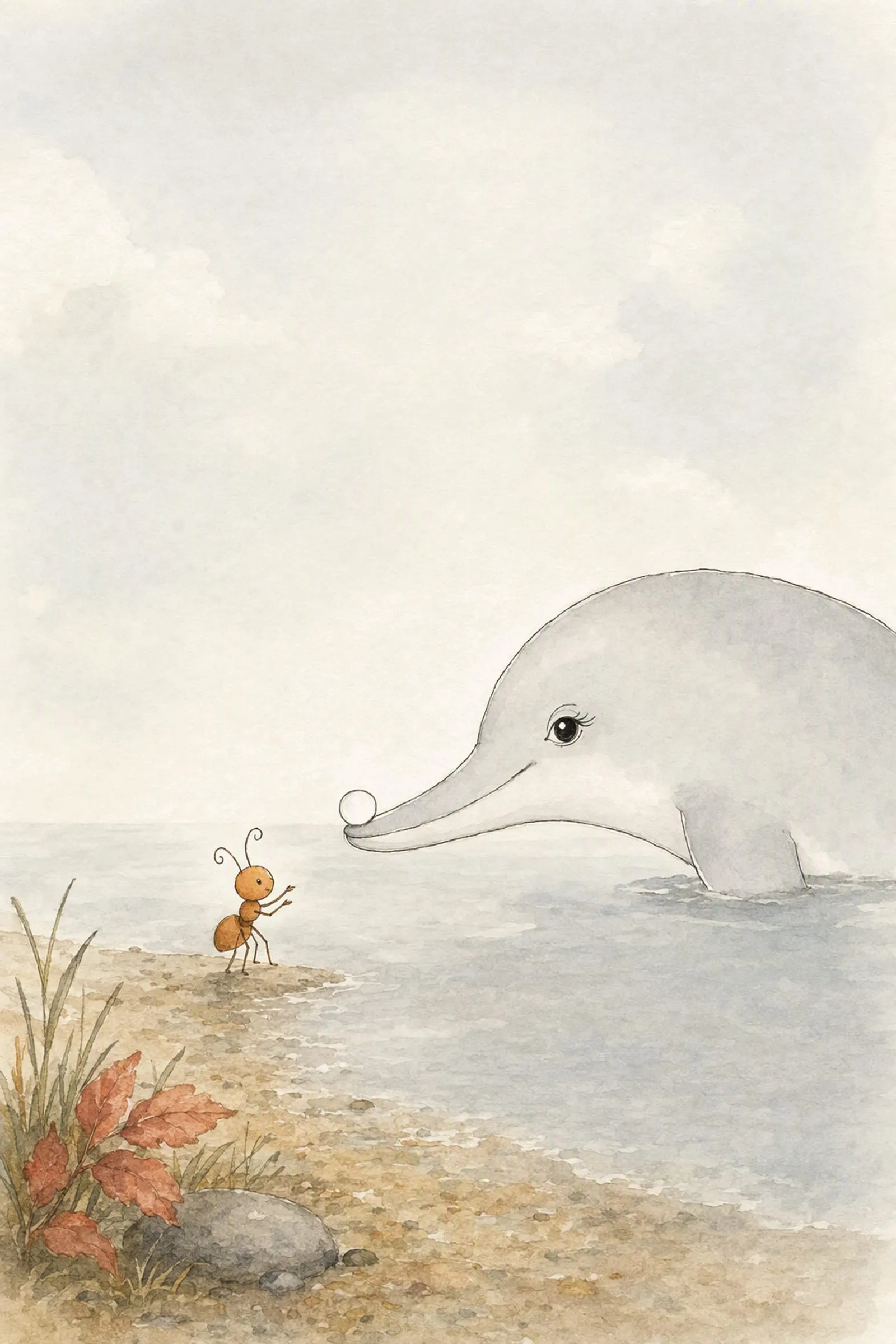 Dawn comes in across the shallows with a small round clear stone balanced level on her snout and Pip waits with both arms raised, careful and delighted.