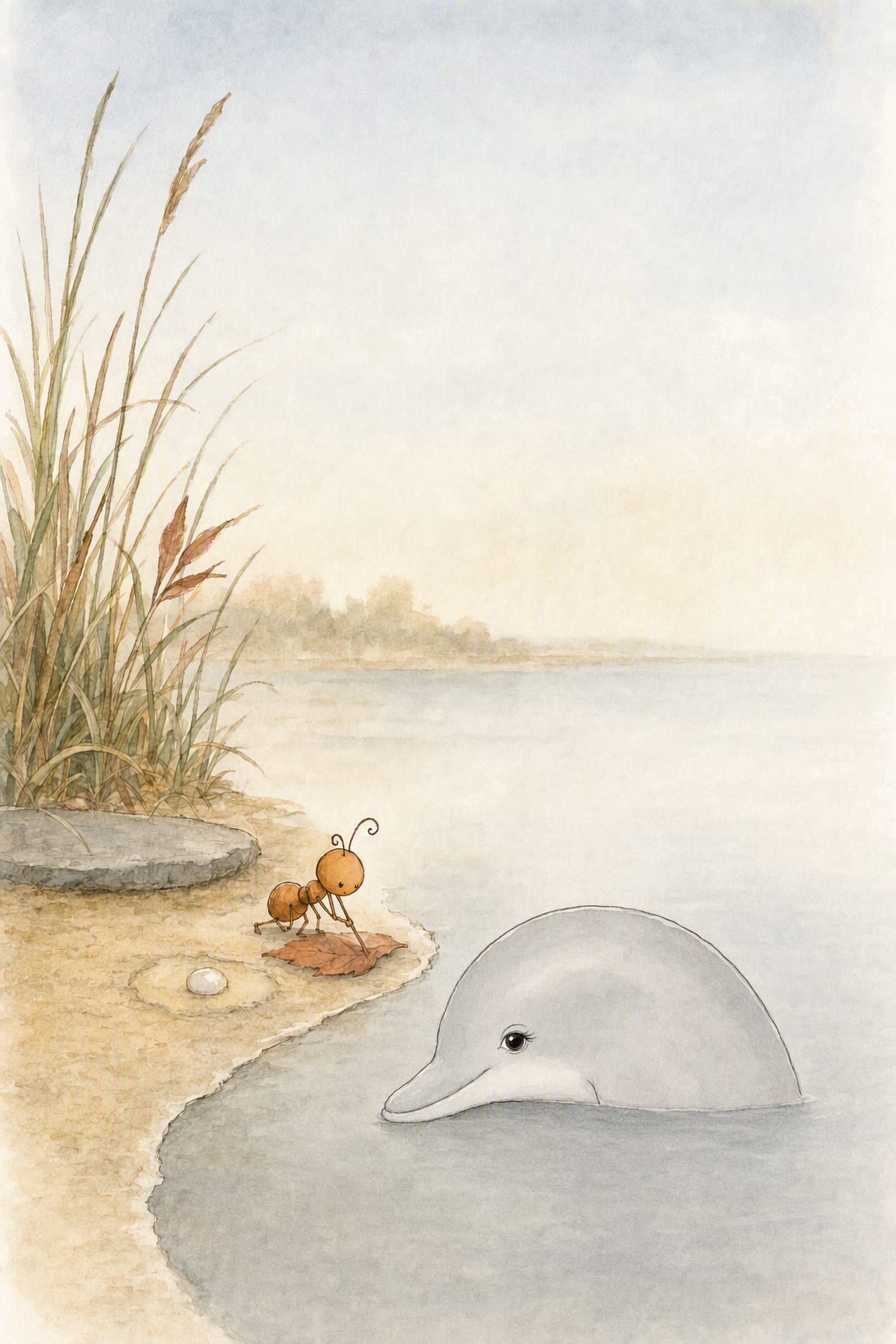 Dawn's head rests on the flat still water while Pip crouches over a leaf at the edge and marks it, absorbed and greedy for every word.