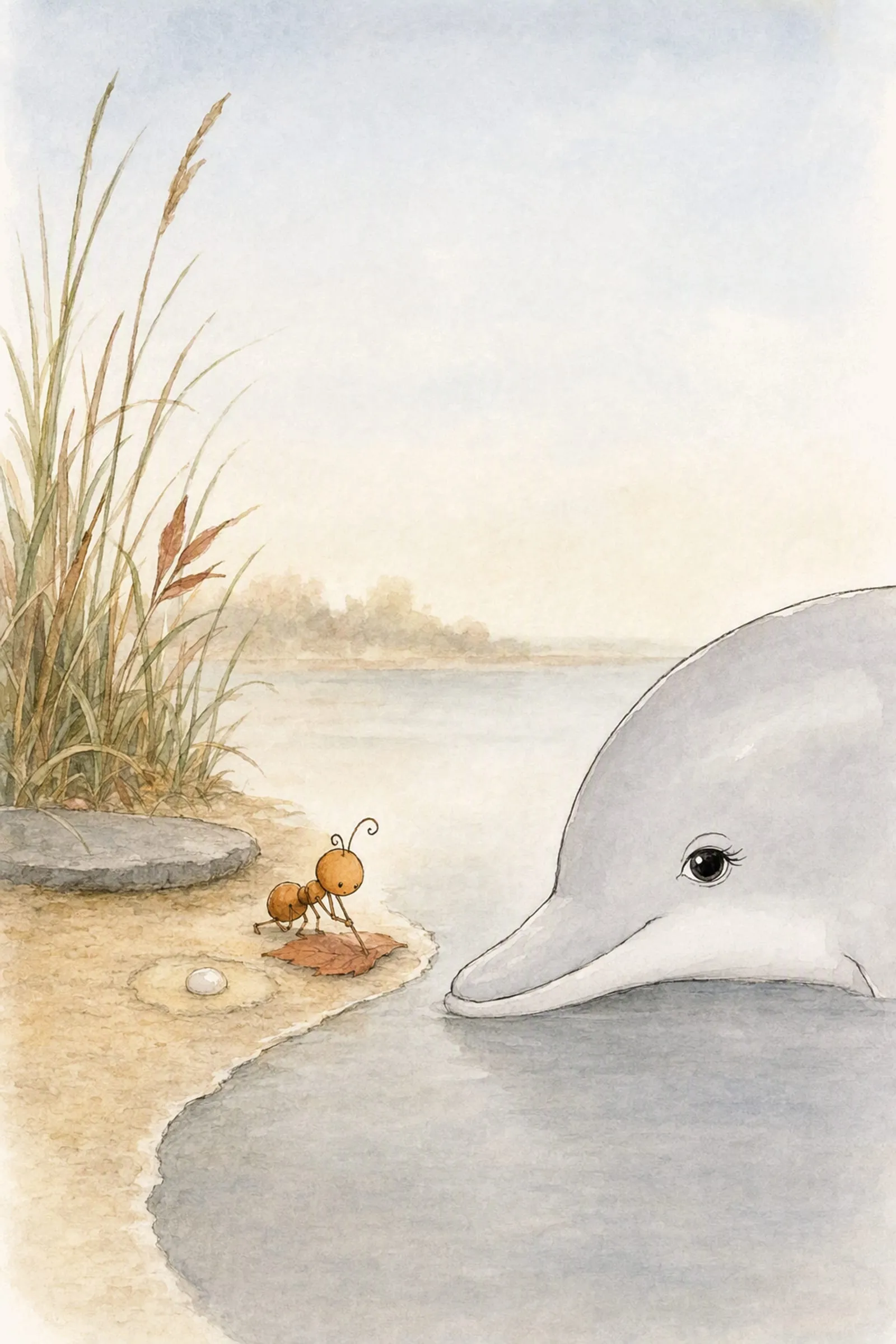 Dawn's head rests on the flat still water while Pip crouches over a leaf at the edge and marks it, absorbed and greedy for every word.
