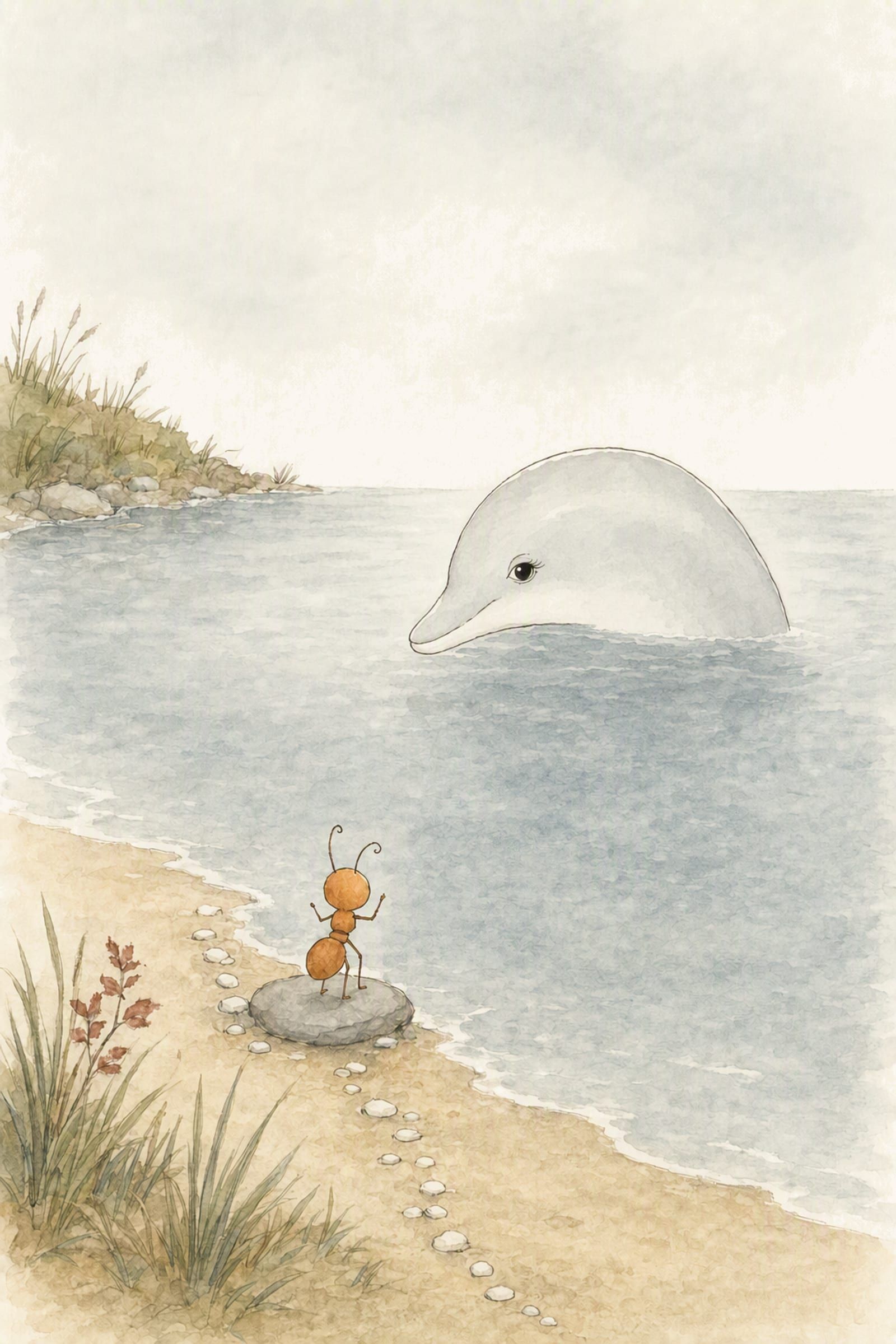 Dawn lifts her head out of the far side of the pool and speaks down to Pip on his stone, teasing him; he is plainly puzzled.