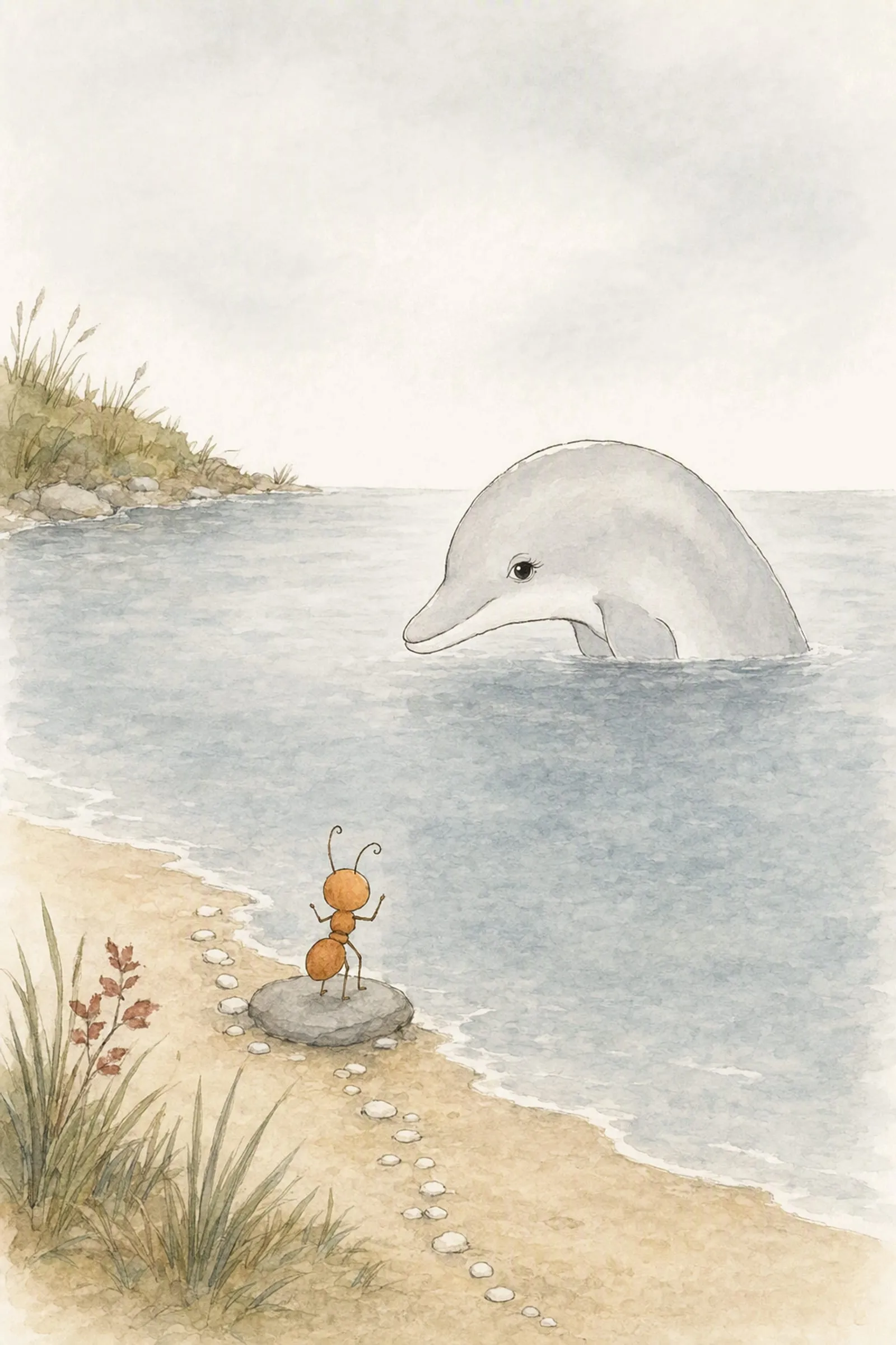 Dawn lifts her head out of the far side of the pool and speaks down to Pip on his stone, teasing him; he is plainly puzzled.