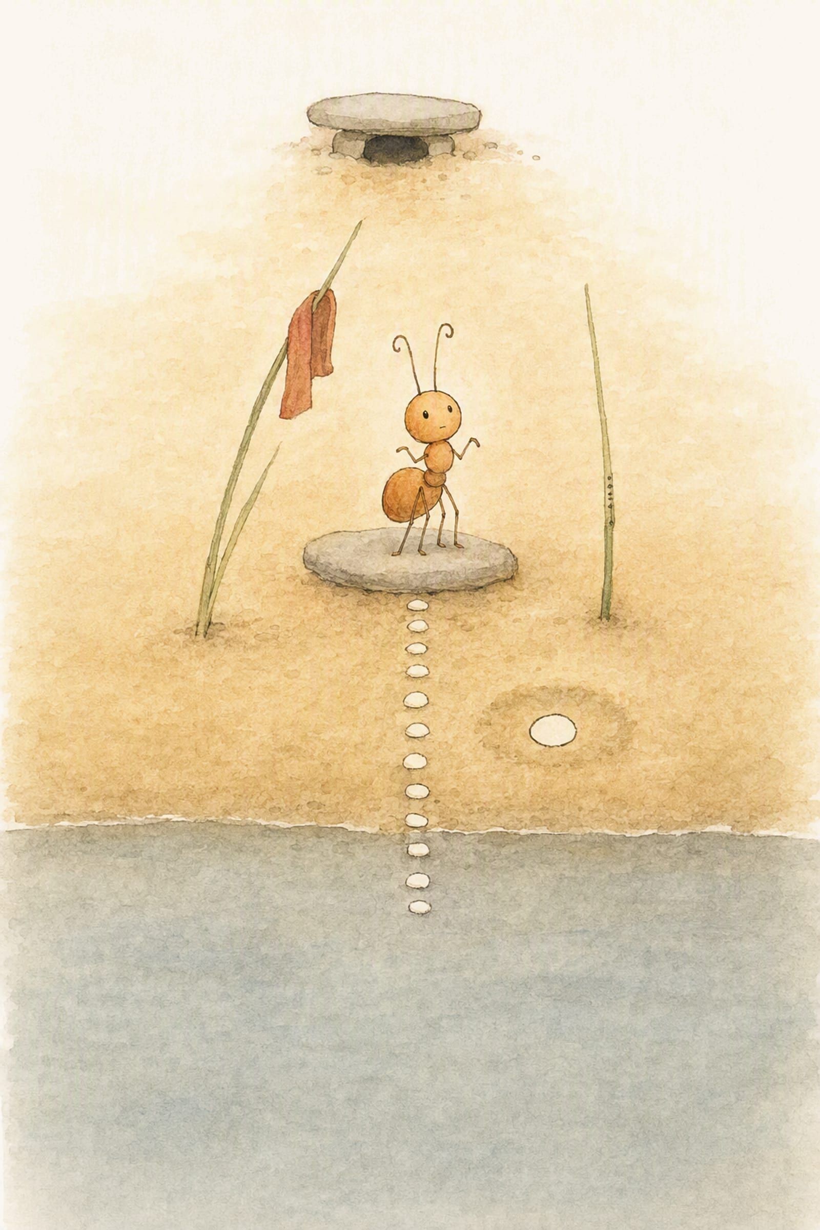 Pip practises a look of surprise alone on his swept stone, the white pebbles straightened and his scarf airing on a reed behind him, privately pleased with himself.