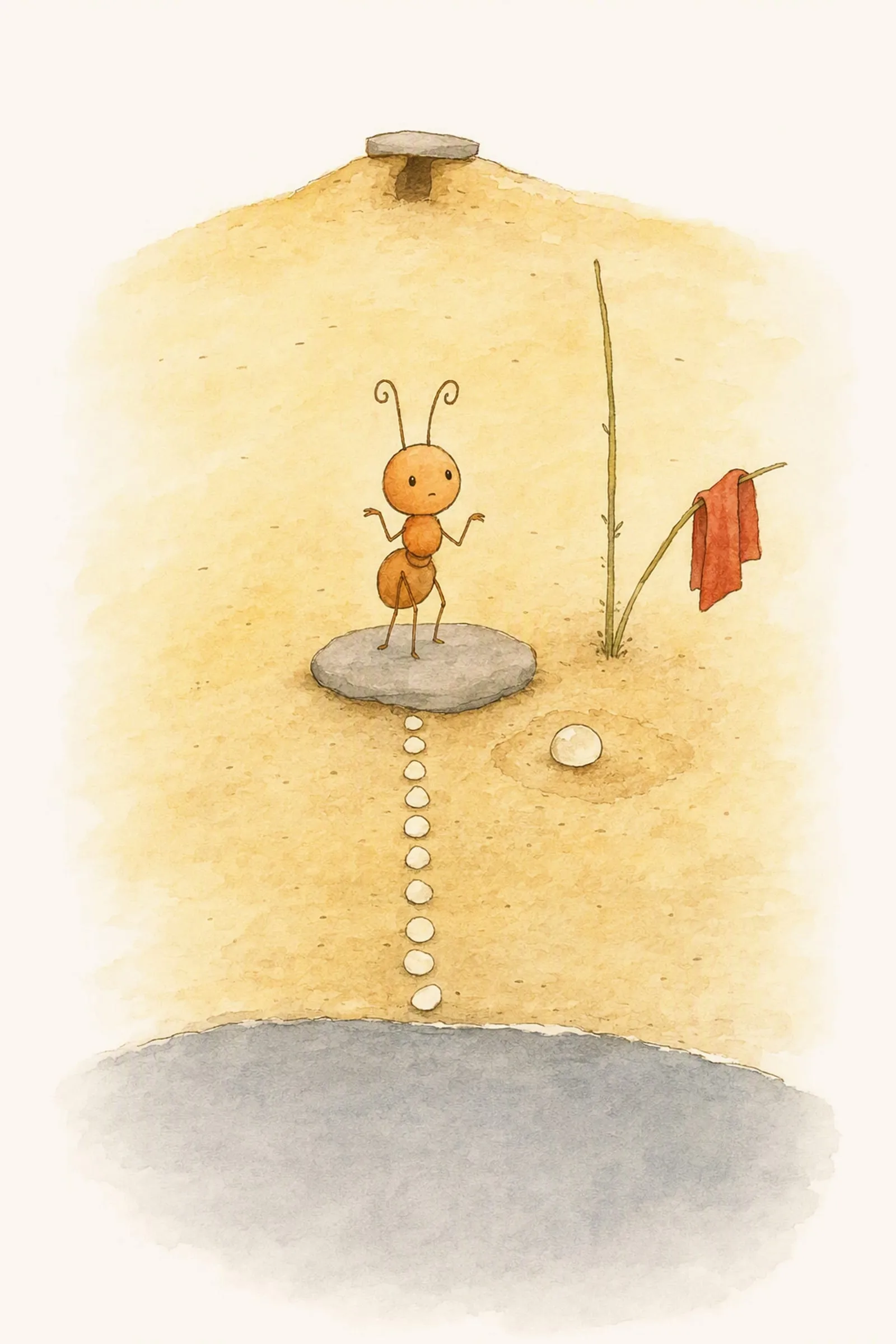 Pip practises a look of surprise alone on his swept stone, the white pebbles straightened and his scarf airing on a reed behind him, privately pleased with himself.