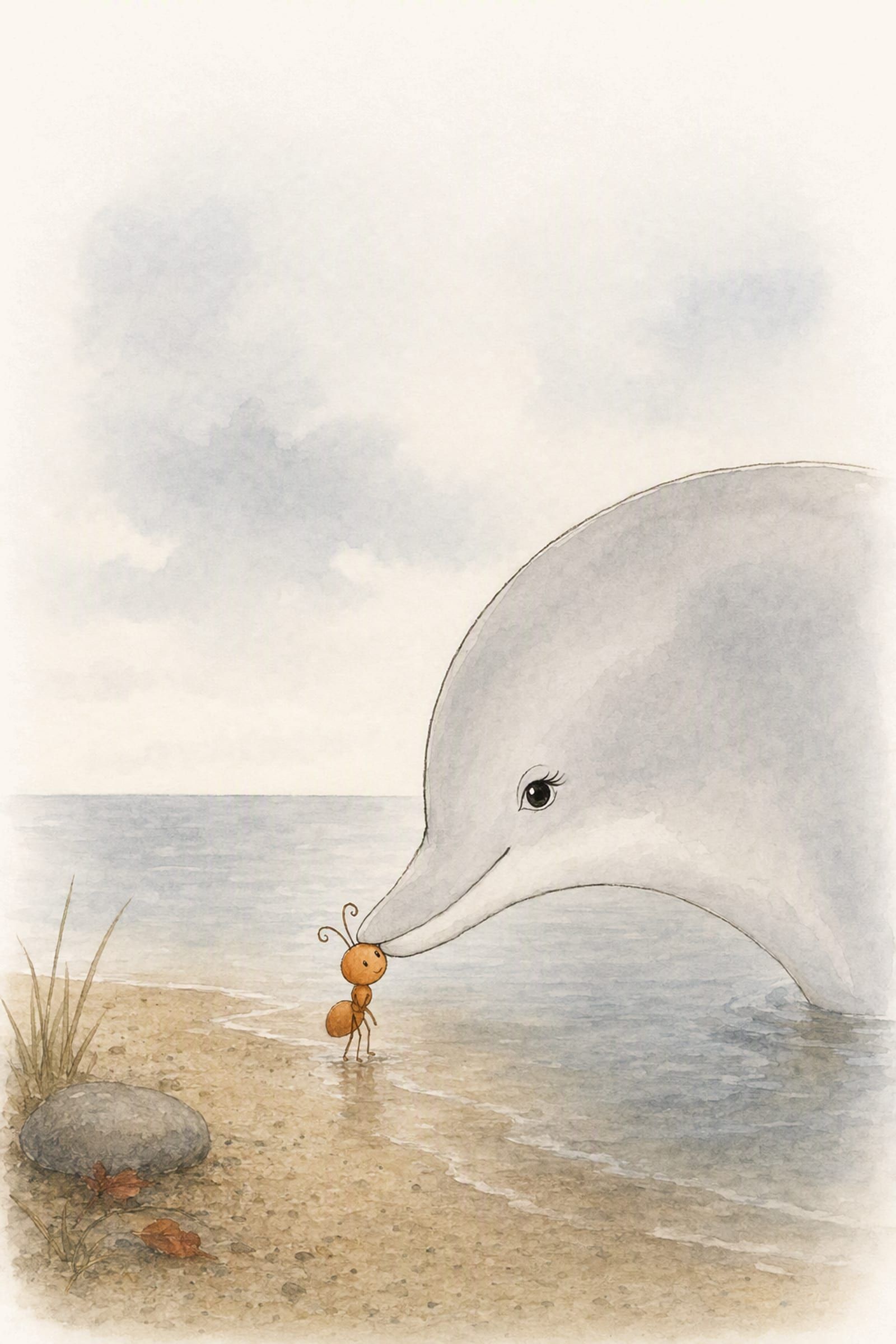 On the last evening Dawn comes right up into the shallow water and rests the tip of her snout on the top of Pip's head, and he stands perfectly still.