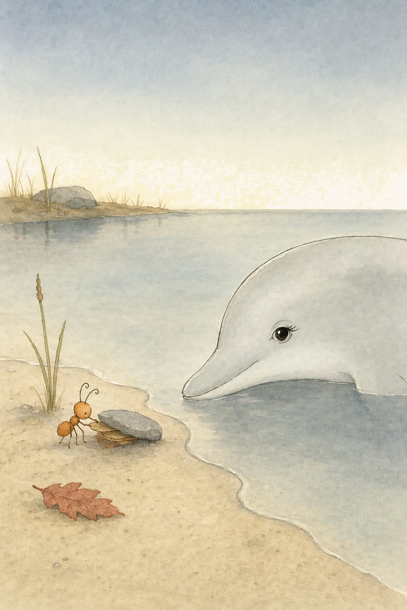 Dawn rests low in the dusk water while Pip slides a leaf into a small stack under the grey stone, the two of them settled and unhurried.