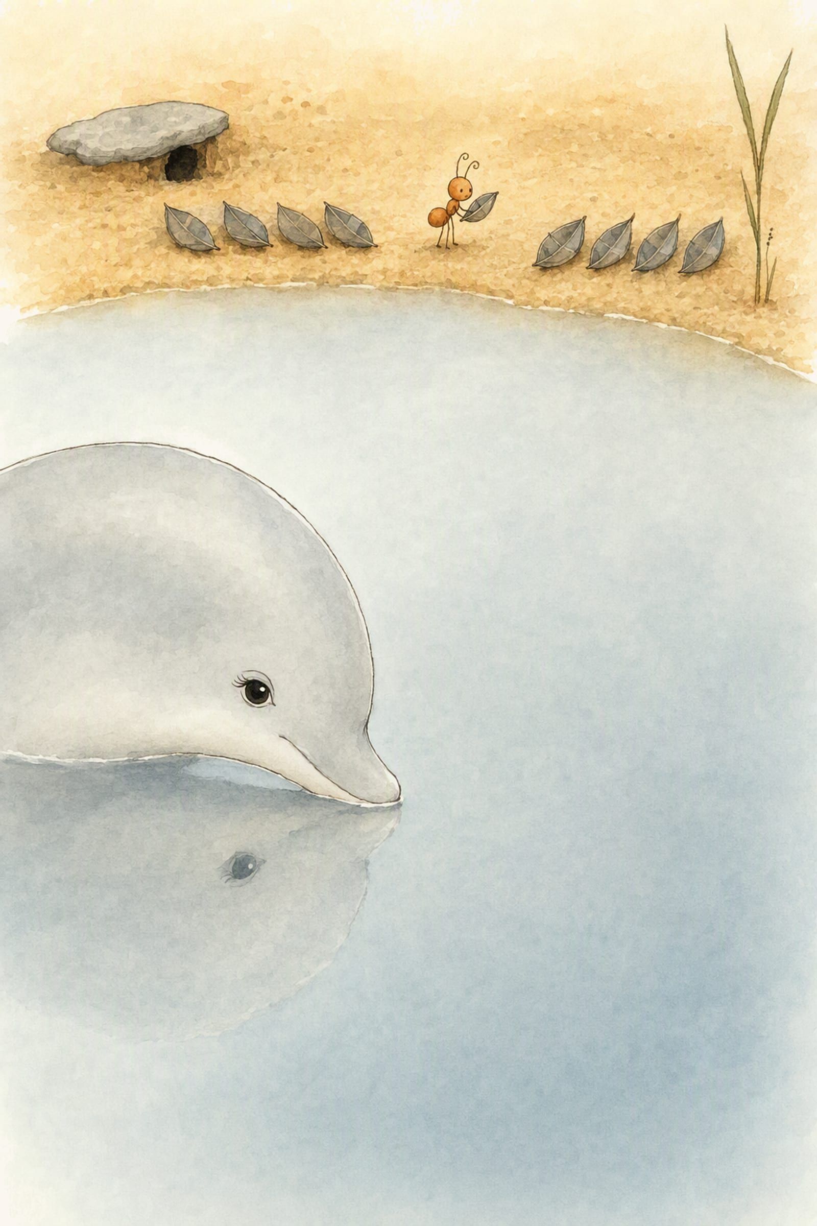 Dawn lowers her head close to the still pool and studies the face the water gives her back, while Pip carries a leaf-boat hull along the sand above her.